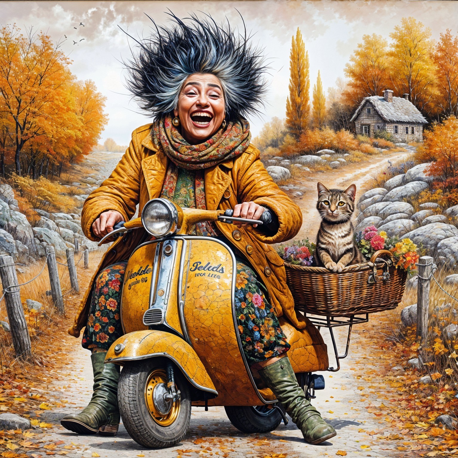 Elderly Woman on Vintage Scooter in Autumn Landscape