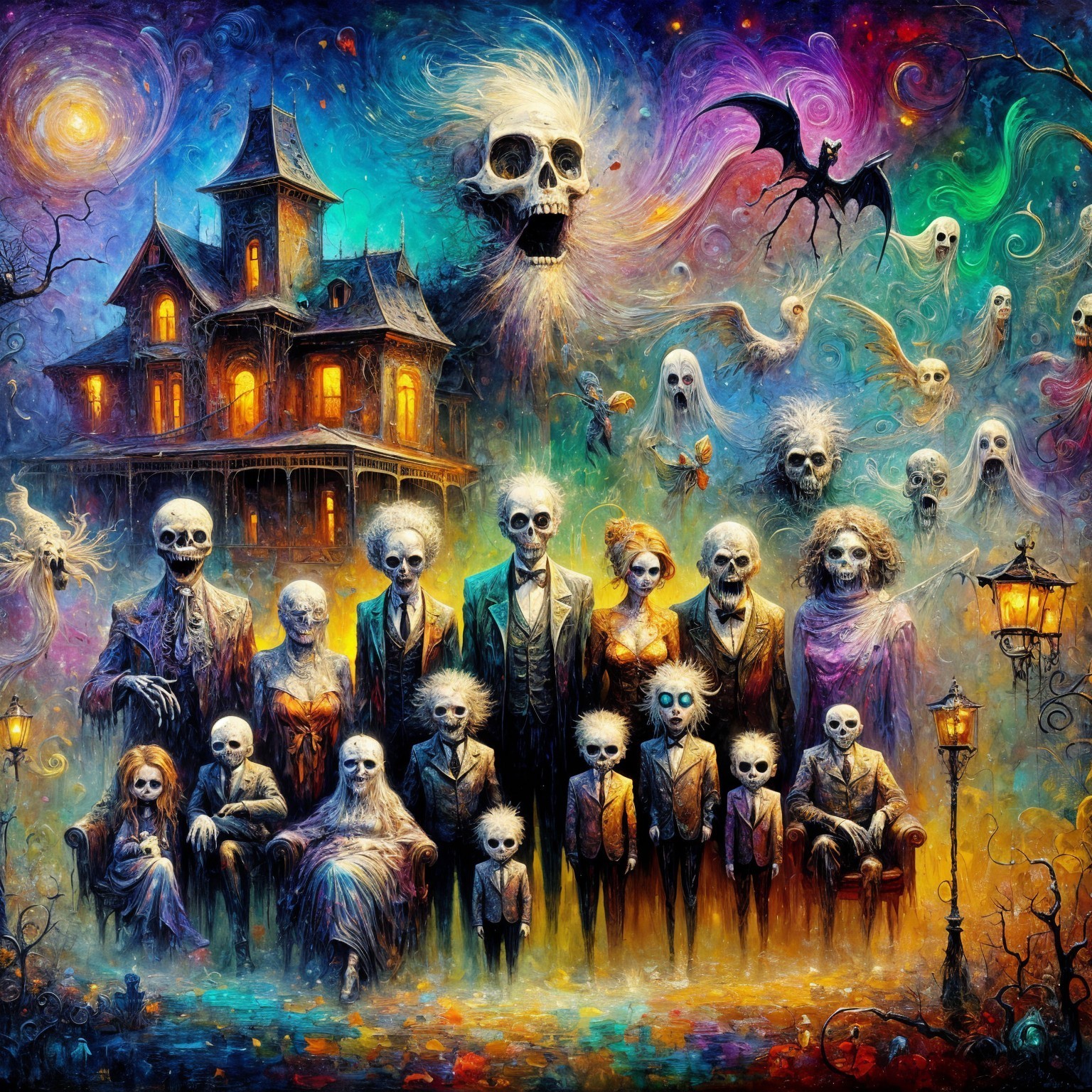 Surreal Victorian Skeletons in a Colorful Haunted Scene
