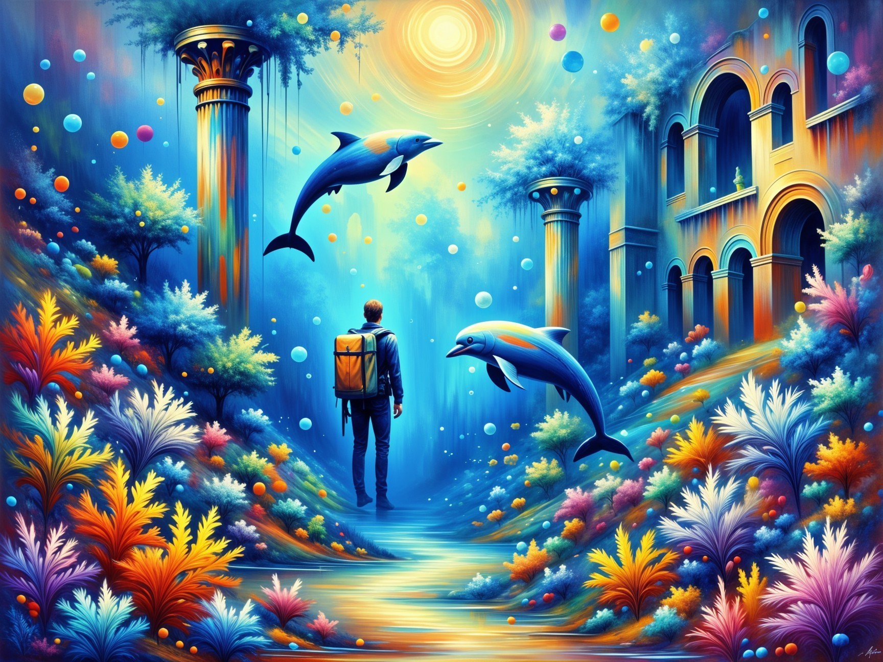 Underwater Scene with Traveler, Coral, and Dolphins