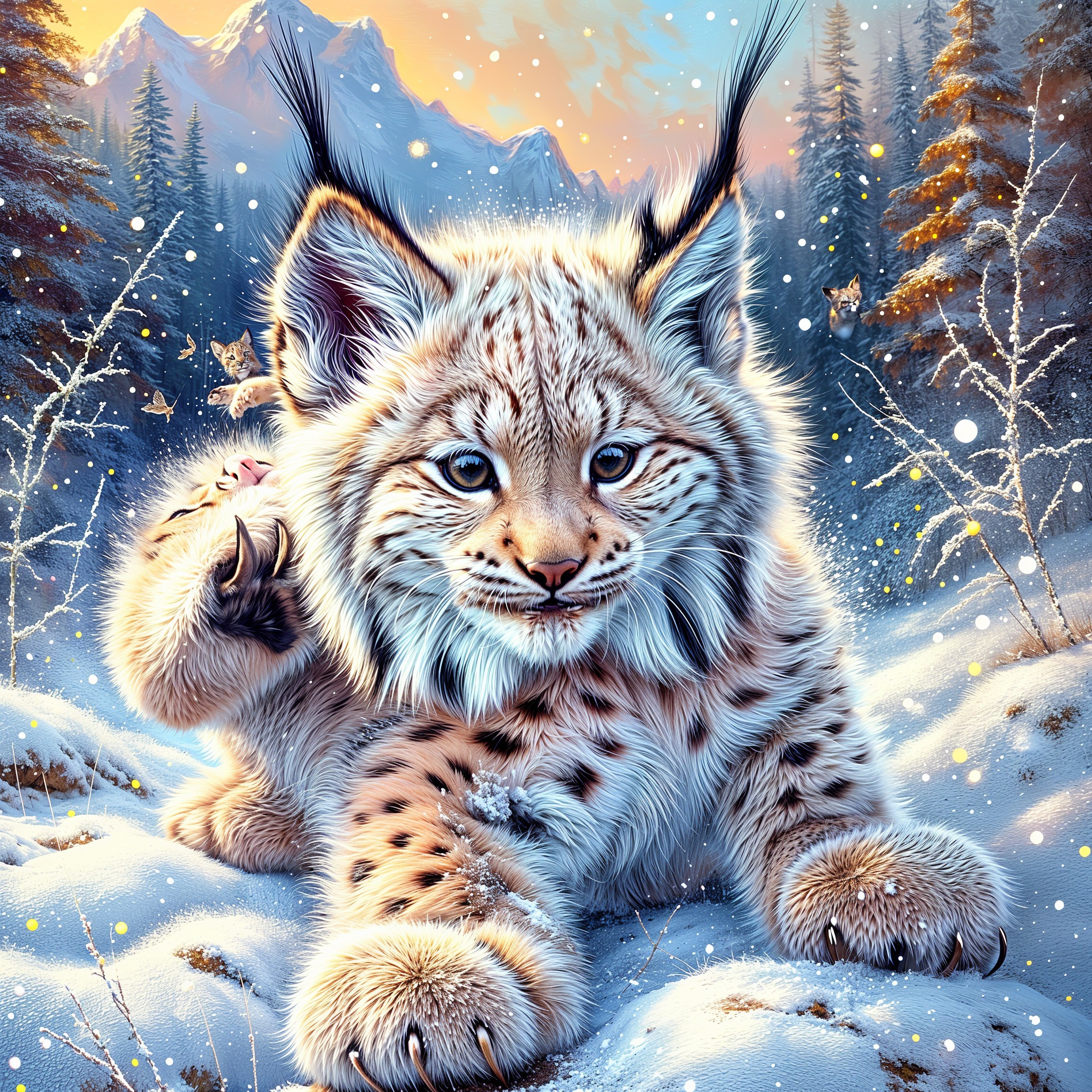 Lynx in Snowy Landscape with Mountains and Snowflakes