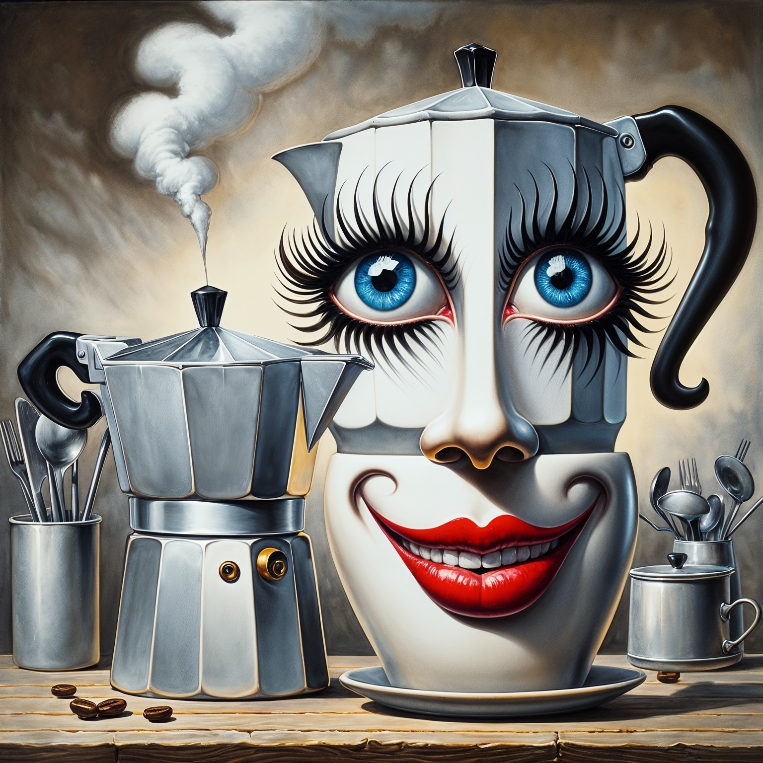 Whimsical Teapot and Coffee Maker in Cartoonish Scene