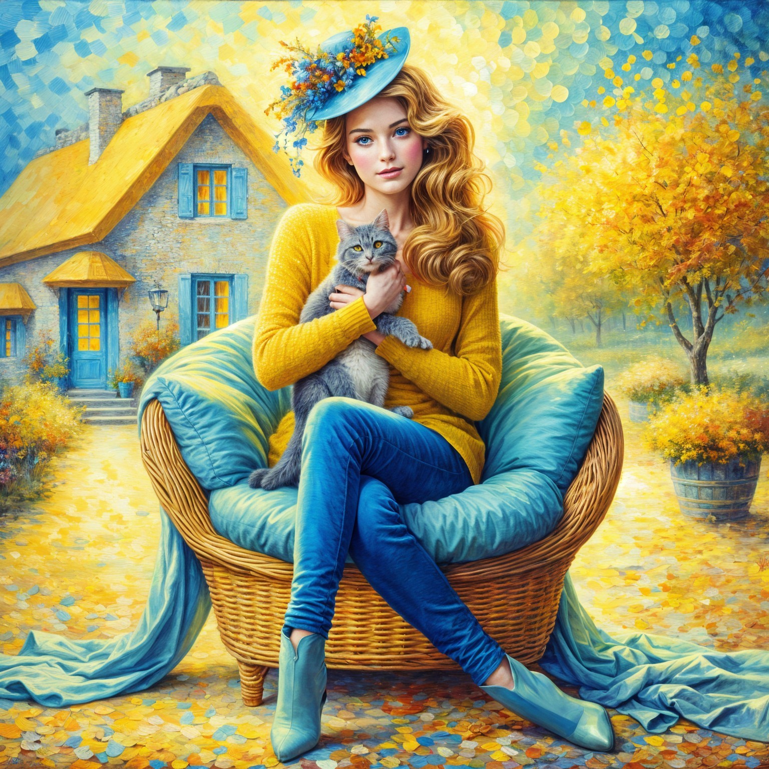 Young Woman with Cat in Cozy Autumn Setting
