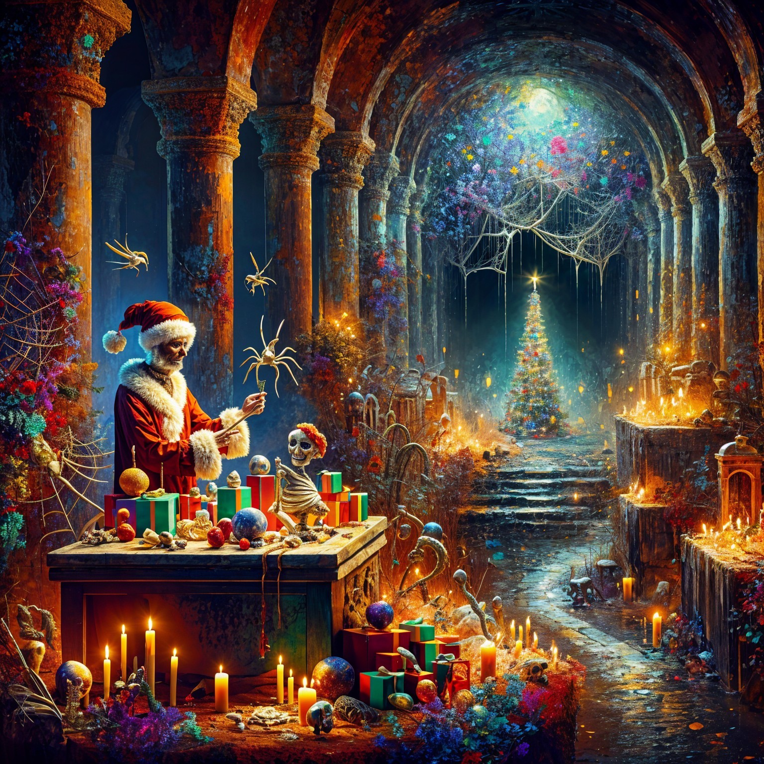 Skeletal Santa Claus in a Mystical Cavern Setting