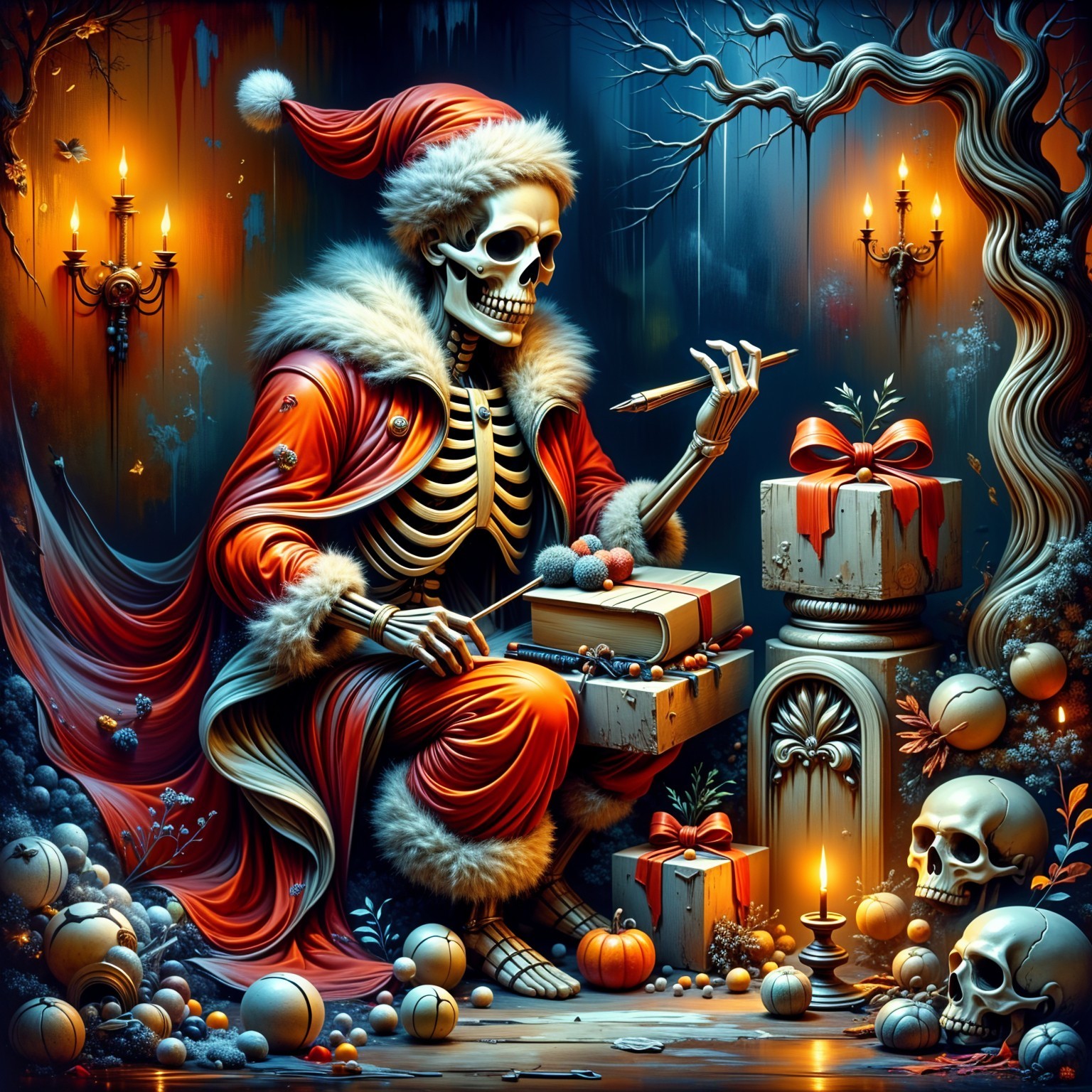 Skeleton Santa in Eerie Candlelit Setting with Decor