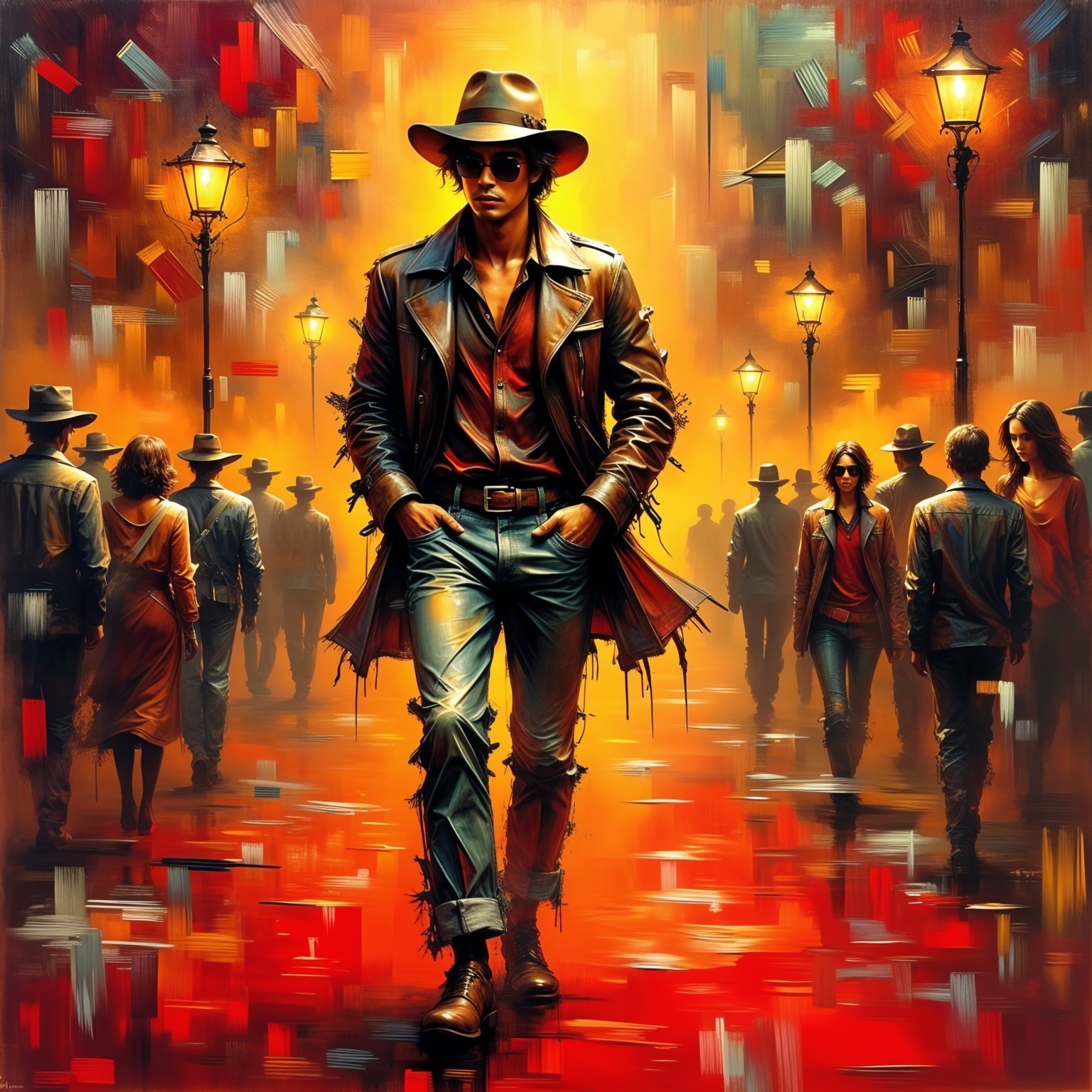 Confident Figure in Leather Jacket in Vibrant Scene