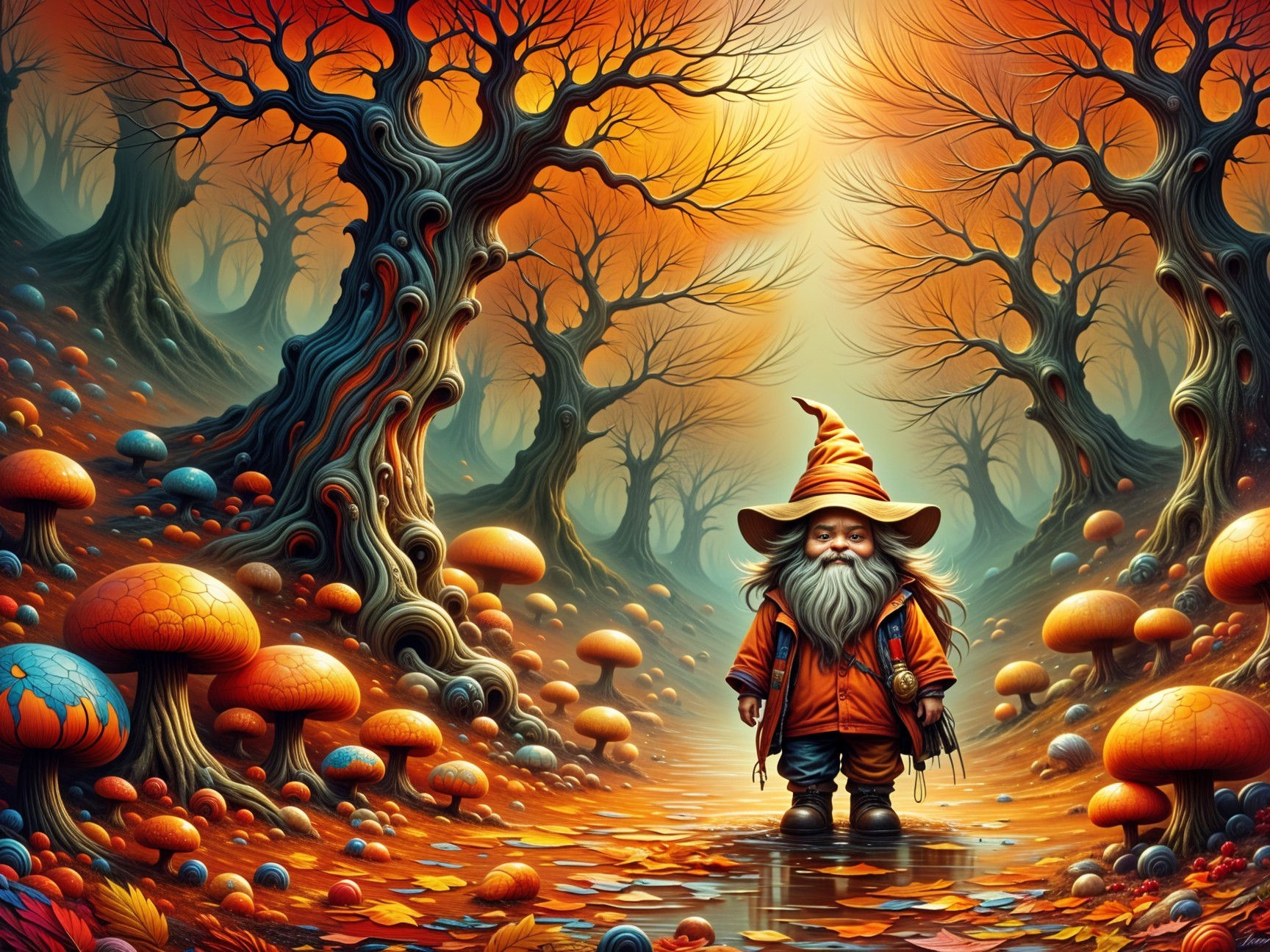 Autumn Forest Scene with a Cheerful Gnome and Mushrooms