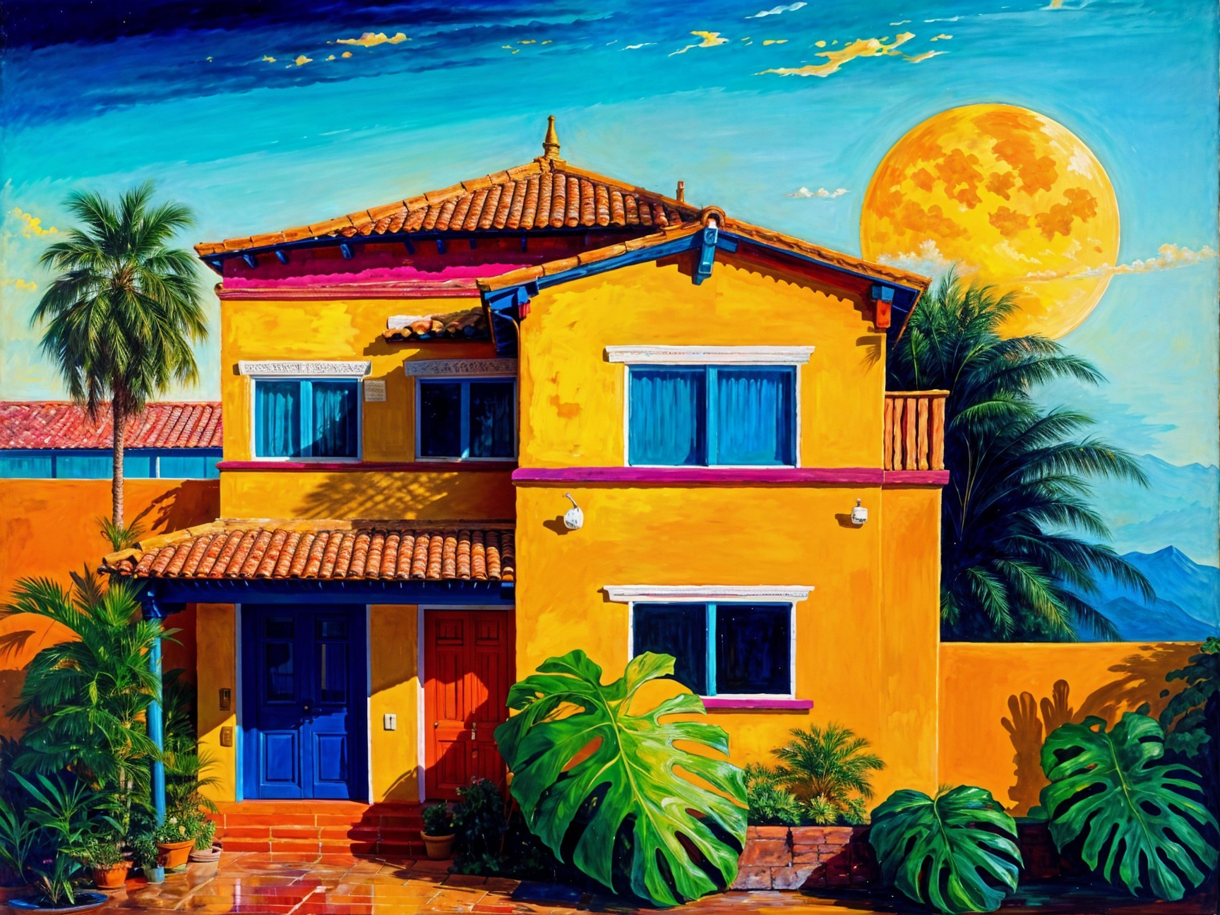 Vibrant House with Sunset Sky and Tropical Surroundings