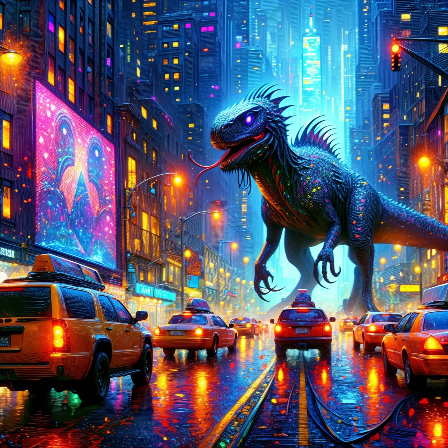 Neon Cityscape with Giant Colorful Dinosaur Display