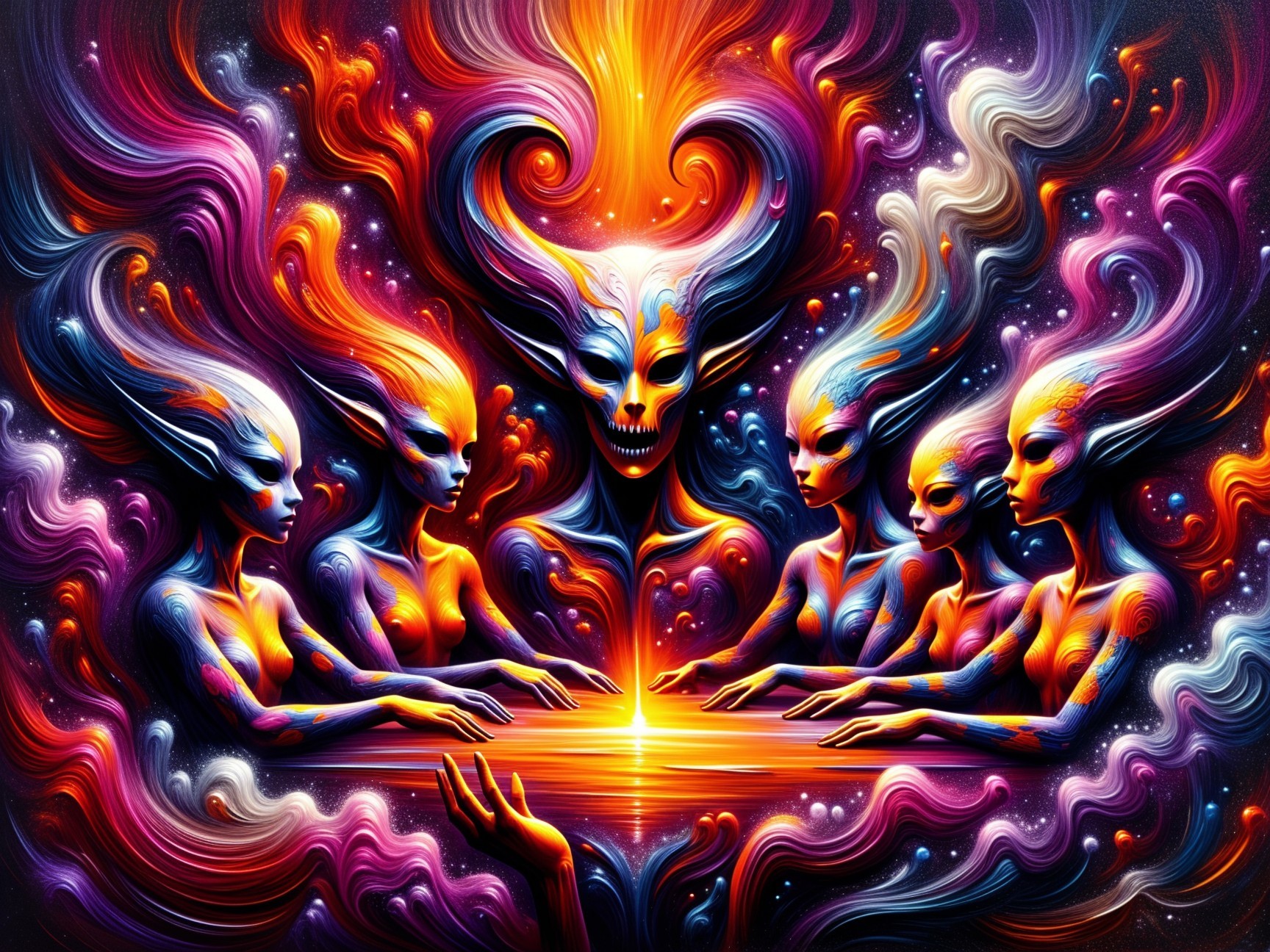 Cosmic Scene with Ethereal Beings and Galaxies
