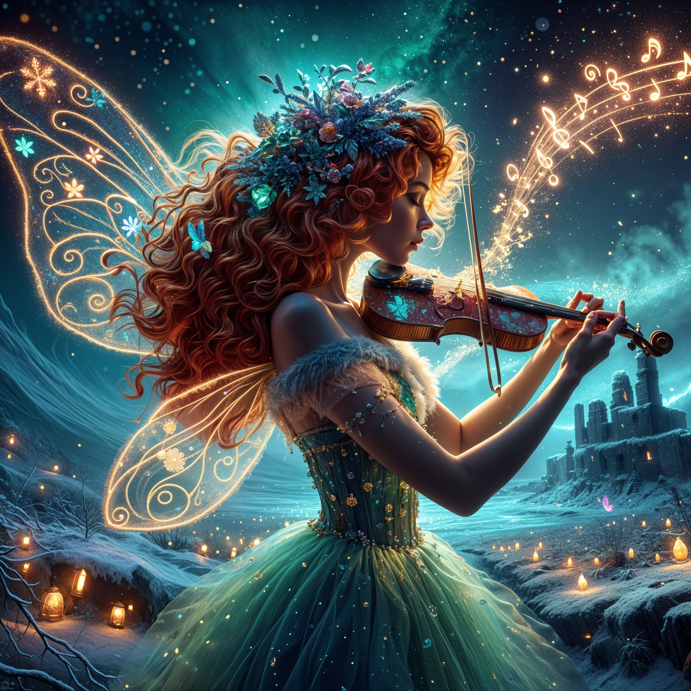 Fairy Playing Violin in Enchanted Winter Landscape