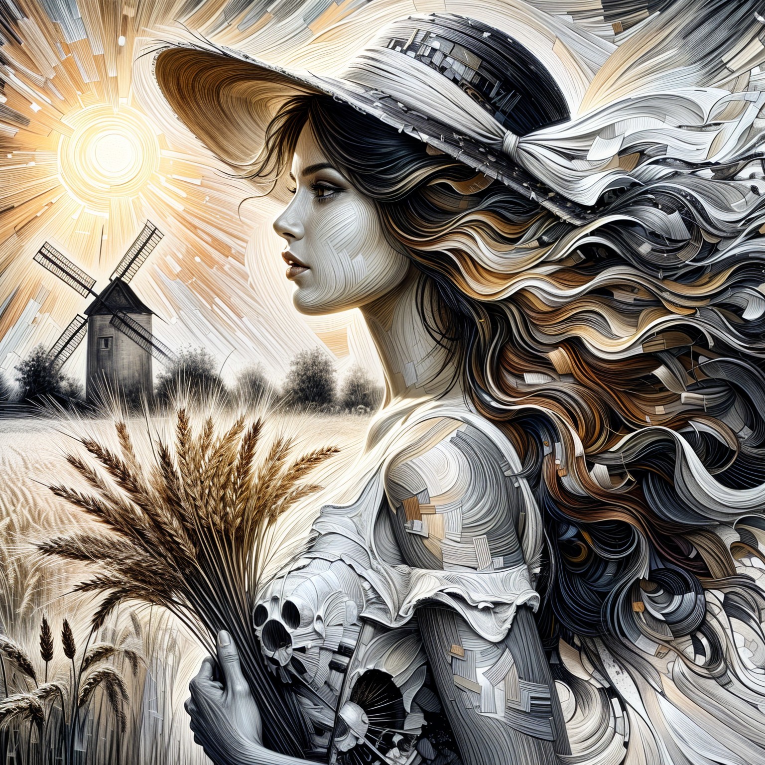 Artistic portrayal of a woman with wheat and windmills