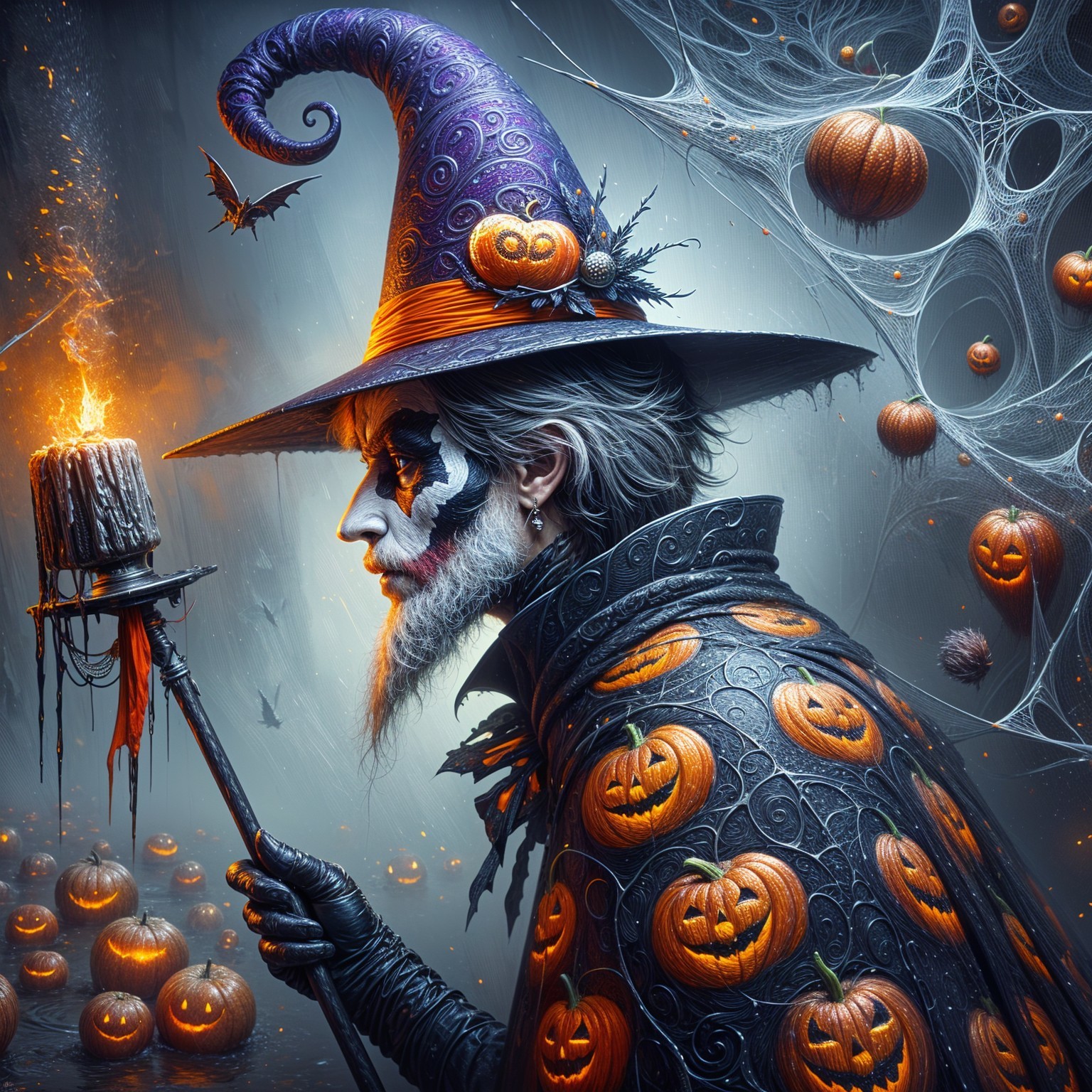 Mystical figure in ornate witch's hat with pumpkins