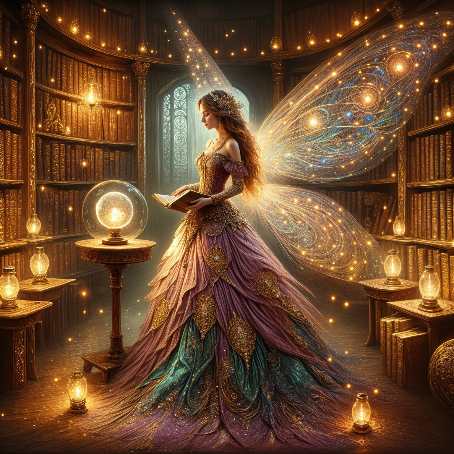 Magical Fairy in Enchanted Library with Open Book