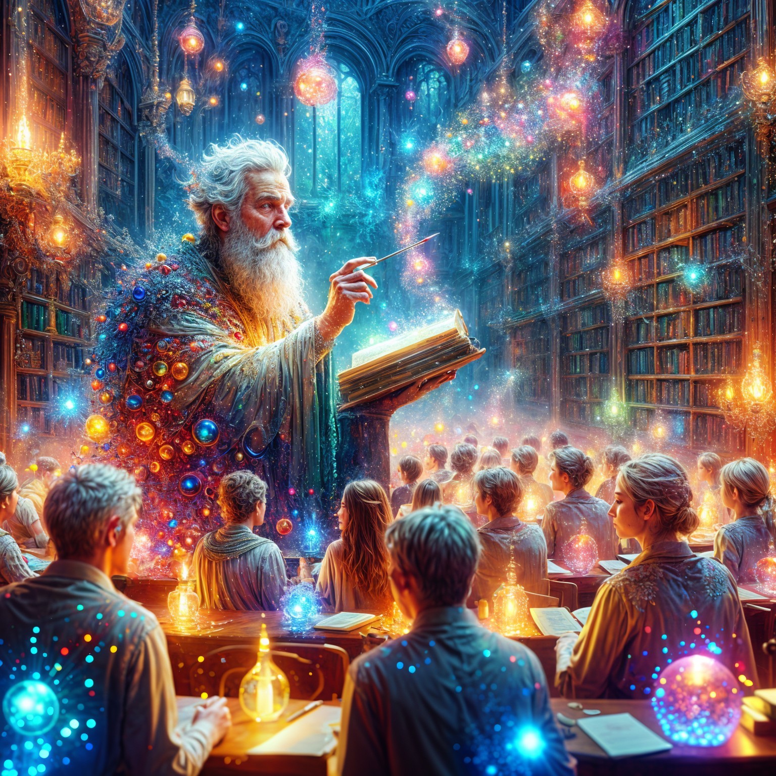 Elderly Wizard Teaching in a Mystical Library