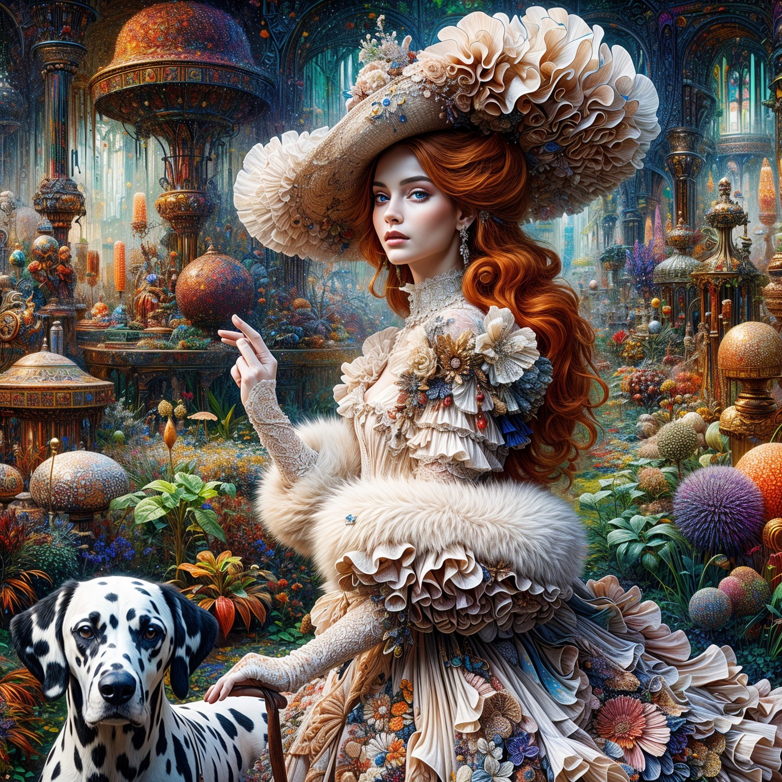 Vibrant Garden Scene with Woman and Dalmatian