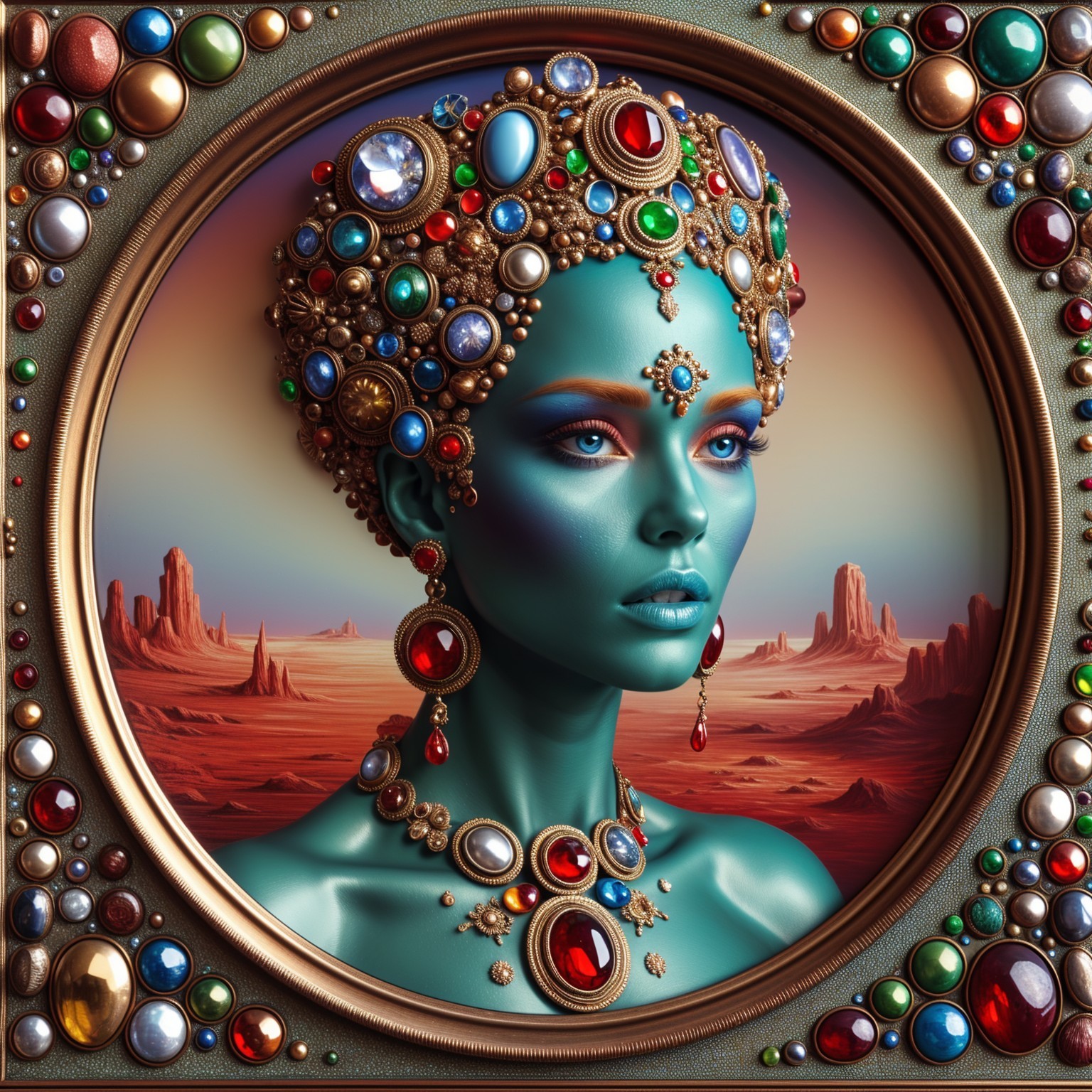 Turquoise-skinned figure in jeweled attire in desert scene