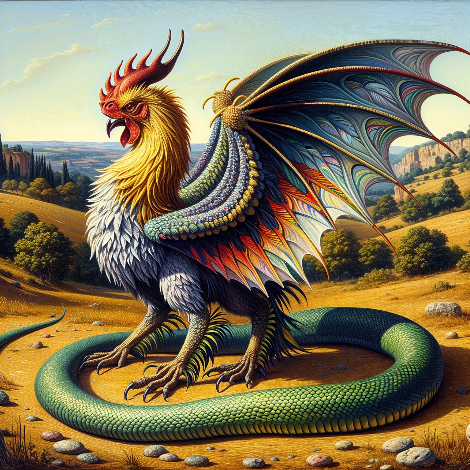 Majestic Rooster-Dragon Creature in Sunlit Landscape