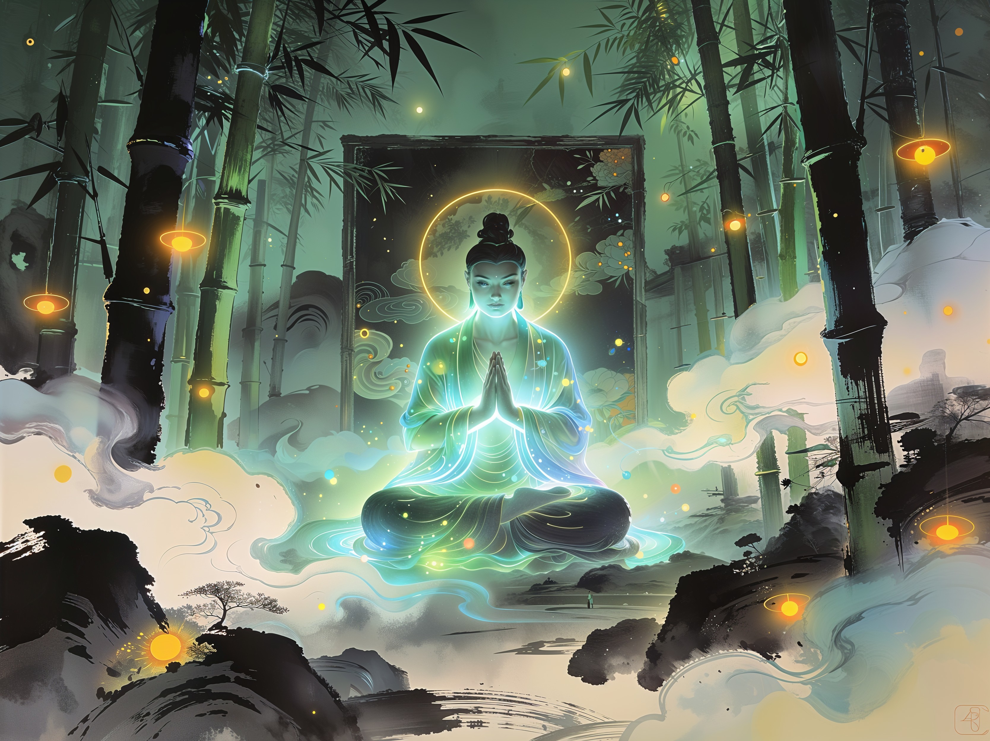 Ethereal Buddha Surrounded by Bamboo and Lanterns