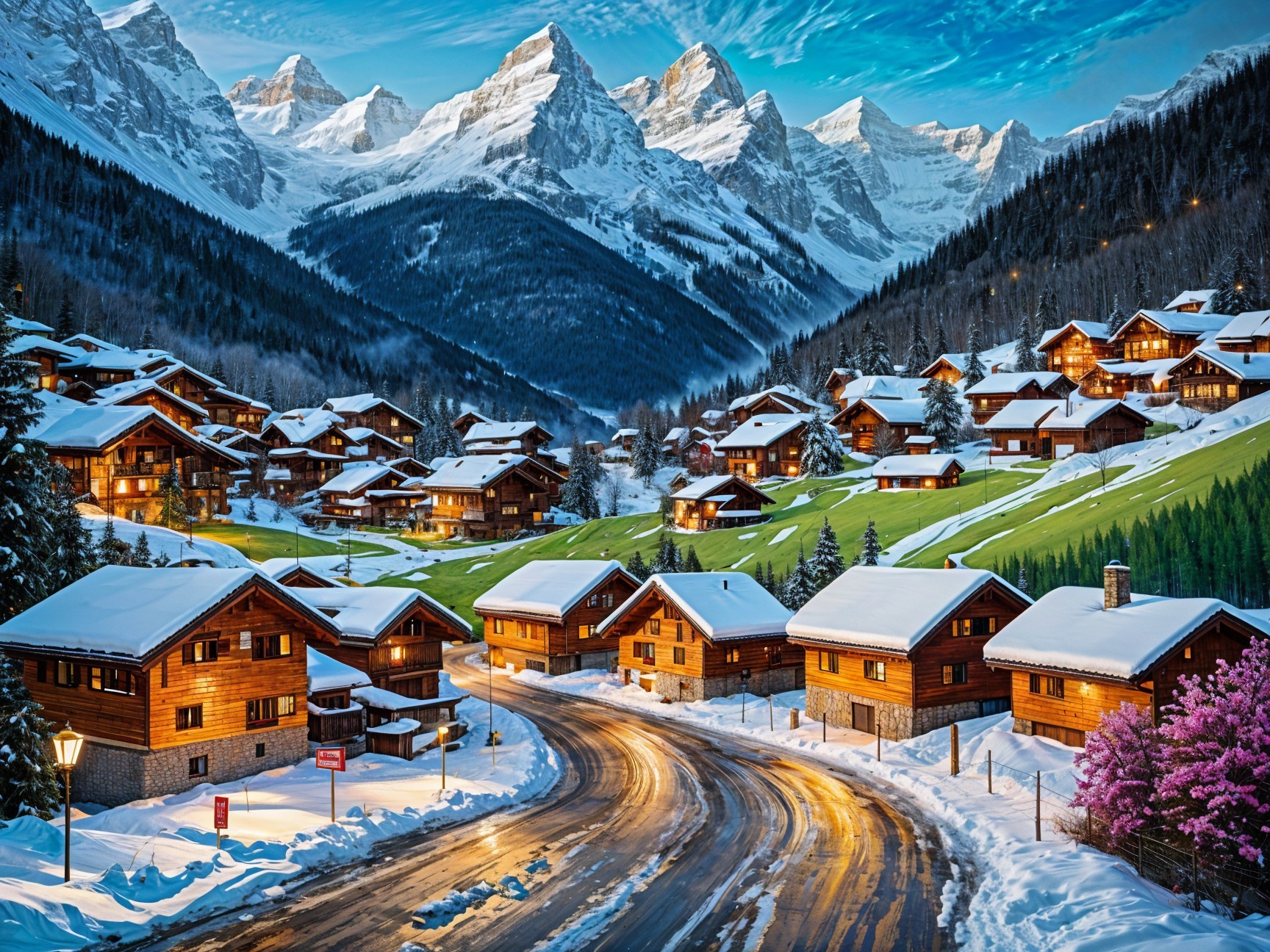 Snowy Mountain Village with Wooden Chalets and Peaks