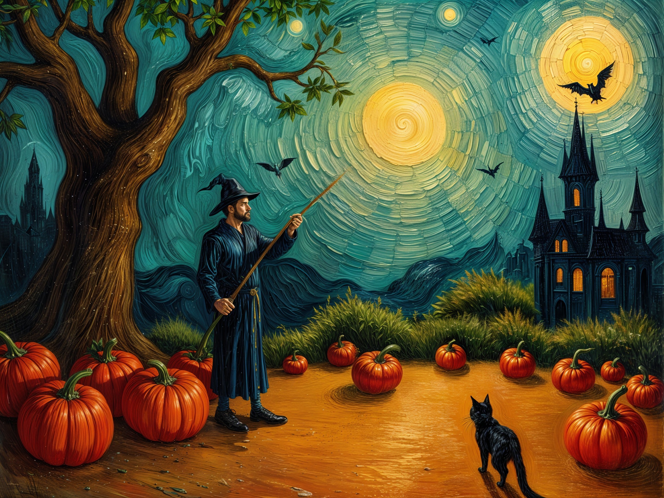 Whimsical Autumn Scene with Pumpkins and Moons