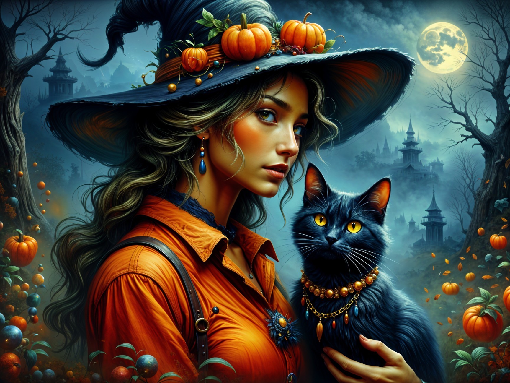 Mystical Scene of Woman in Witch Hat with Black Cat