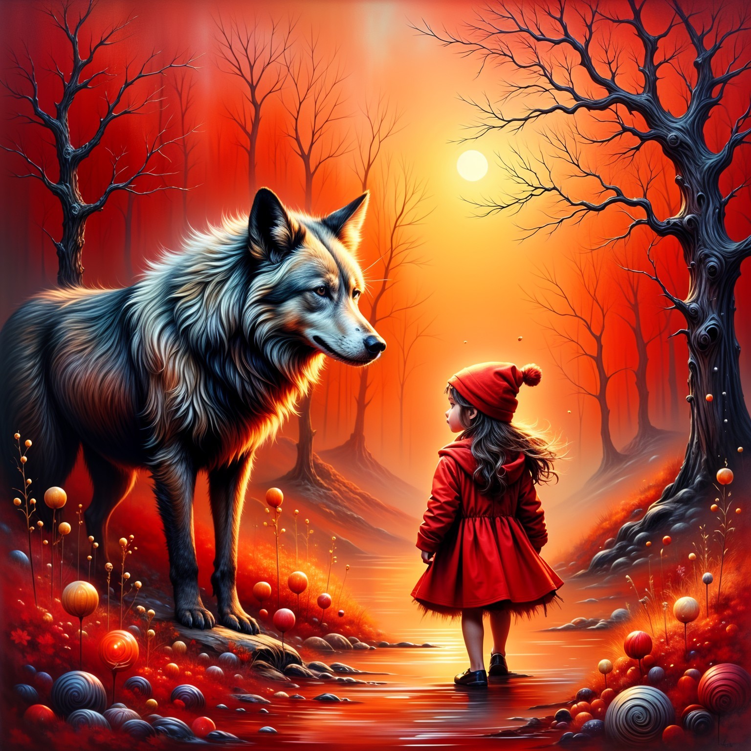 Young girl in red coat with wolf in vibrant landscape