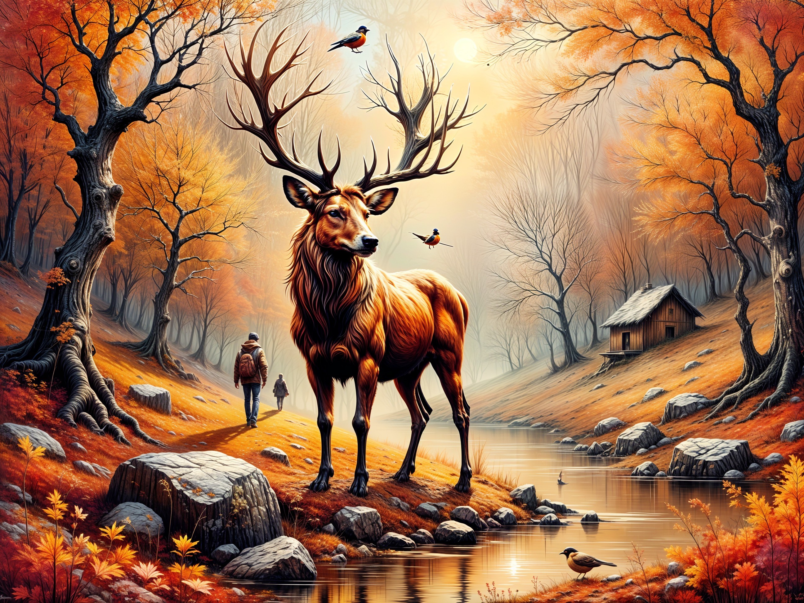 Autumn Forest Scene with Stag and River Setting