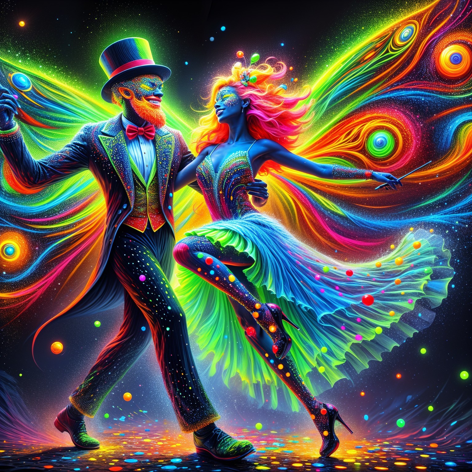 Vibrant Dance Scene with Colorful Costumes and Effects