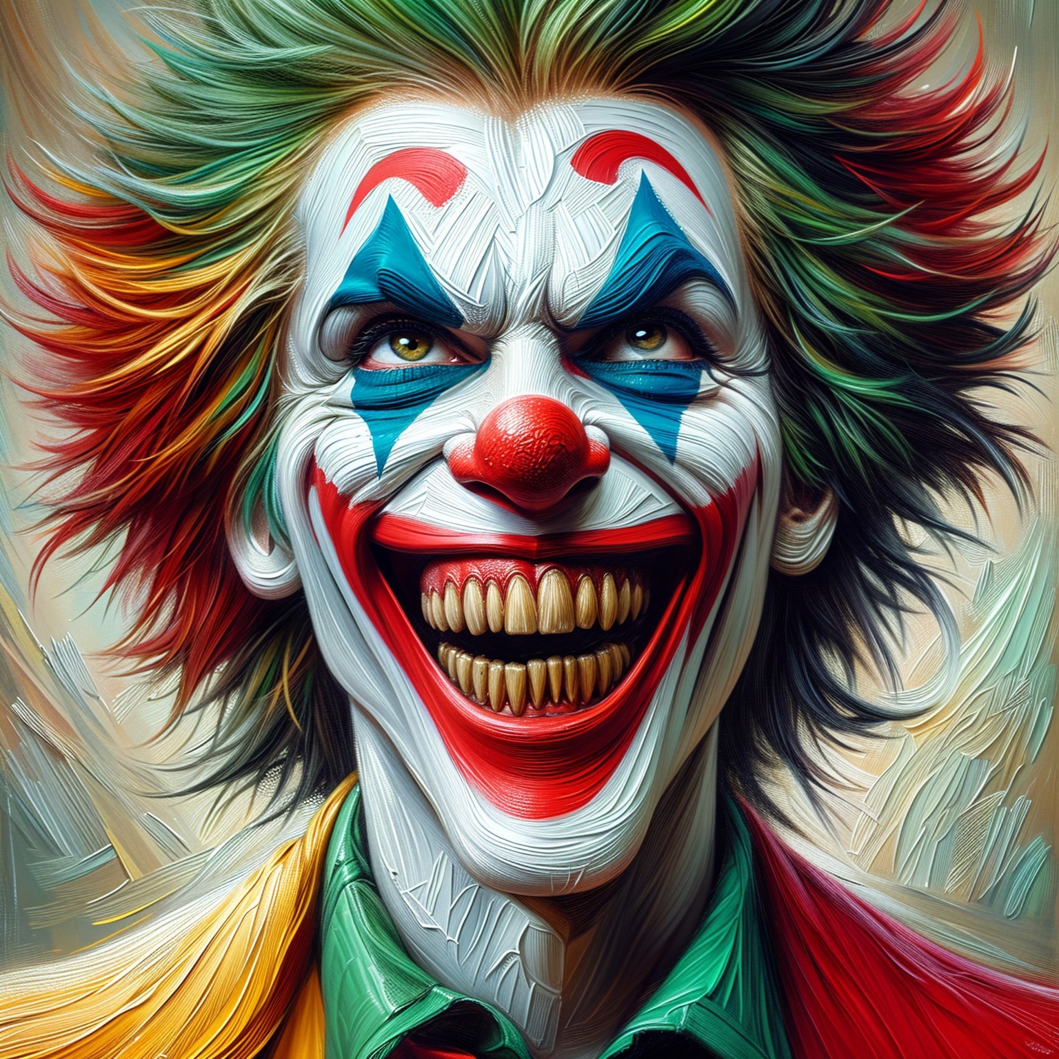 Vividly Colored Clown with Menacing Grin and Patterns