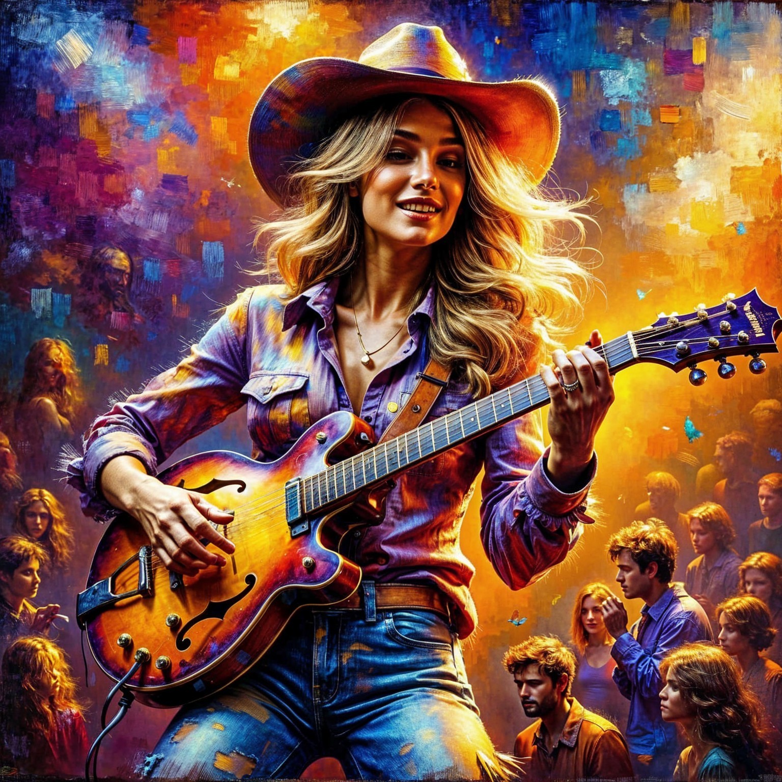 Young Woman Playing Electric Guitar at Lively Concert