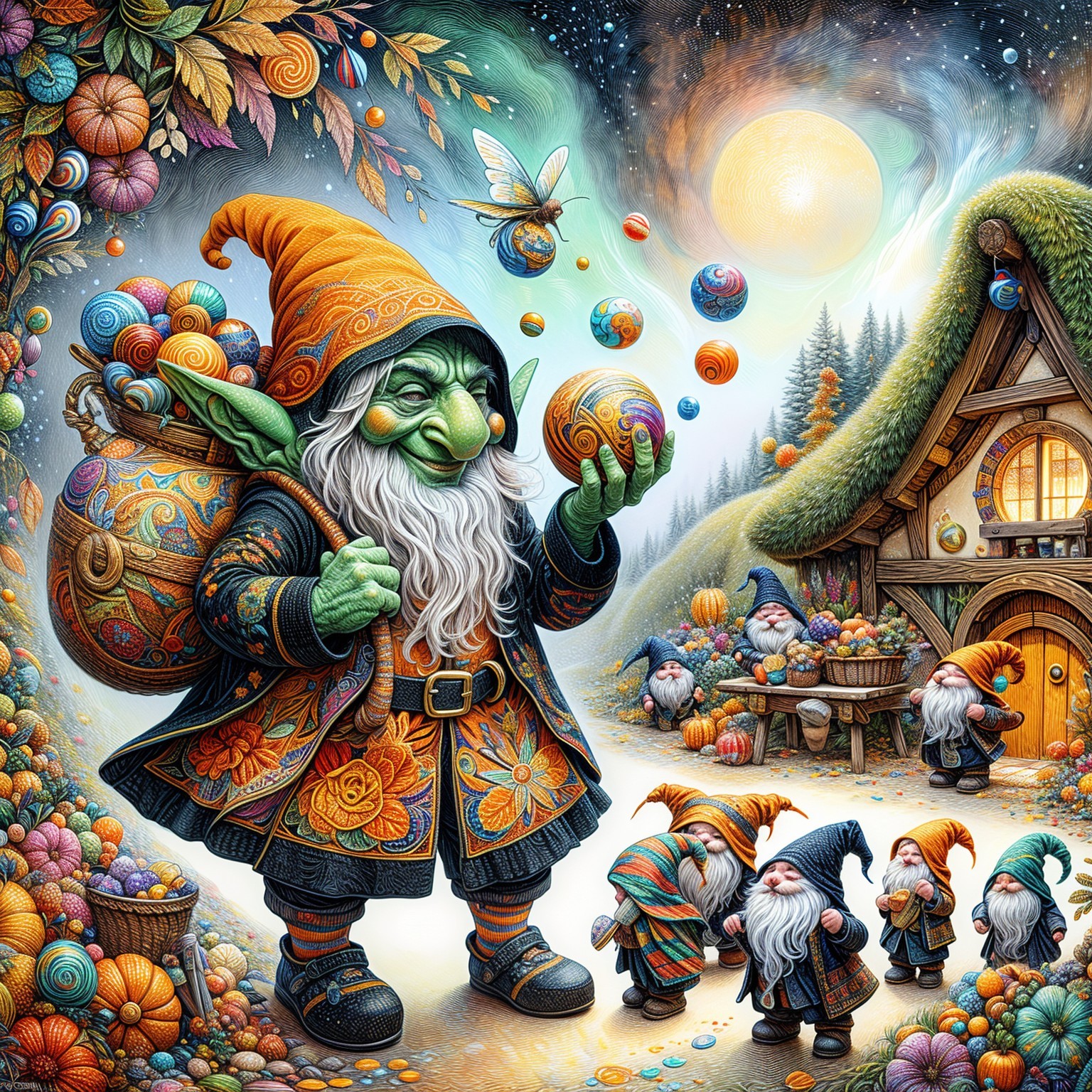 Whimsical Gnome Juggling in a Cozy Autumn Scene