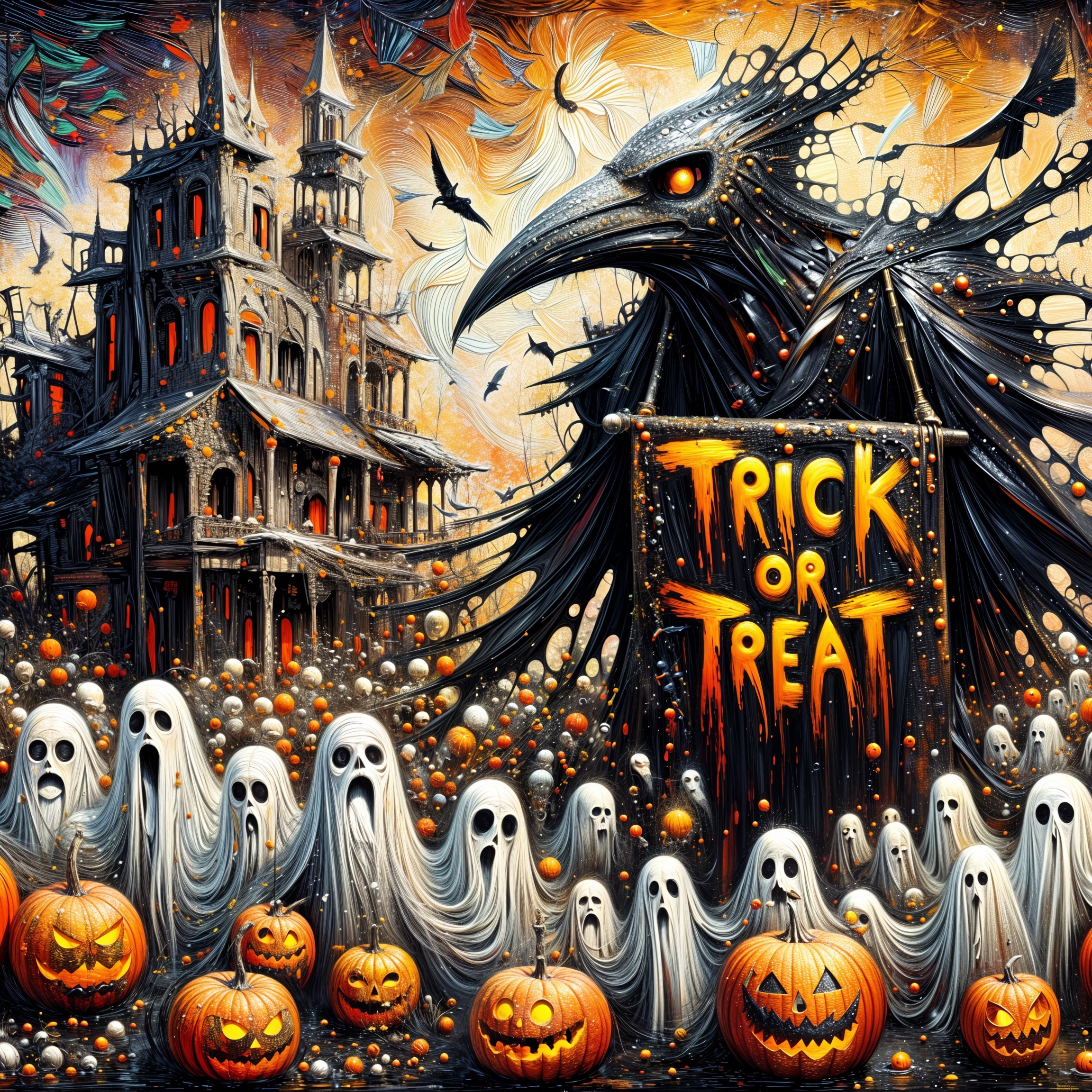 Eerie Halloween Scene with Mansion and Ghostly Figures