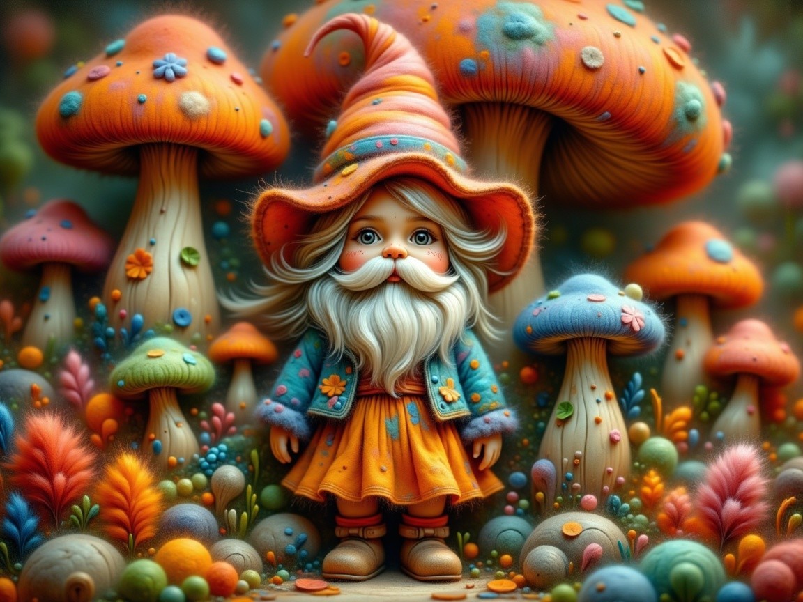 Whimsical Gnome in a Colorful Mushroom Forest