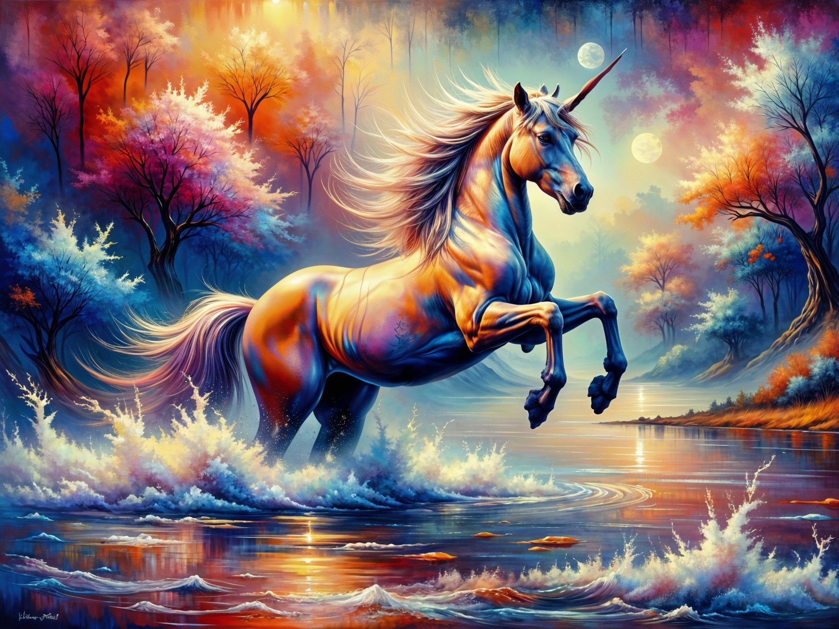 Unicorn Leaping Through Water Amidst Autumn Trees