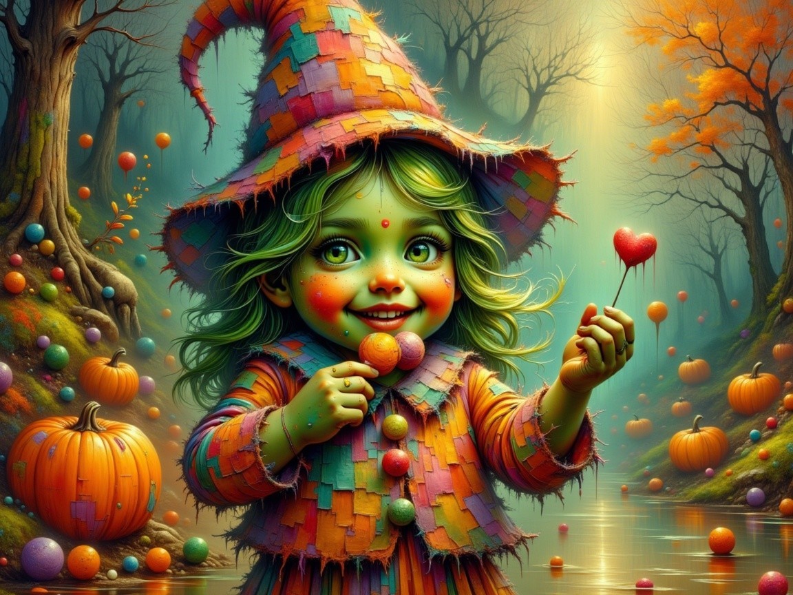 Playful Young Witch in Enchanting Autumn Forest Scene
