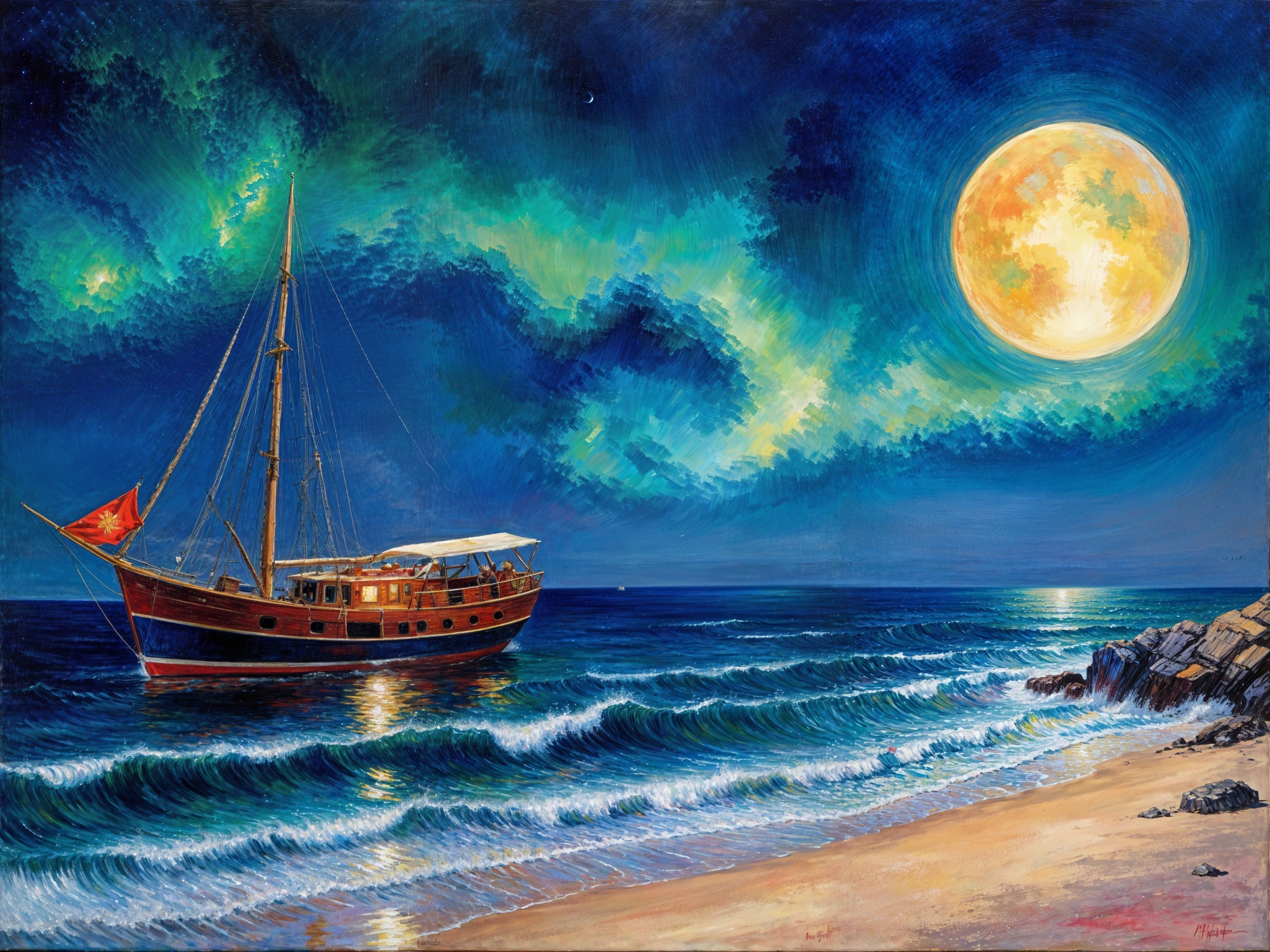 Sailboat on Waves Under Full Moon and Night Sky