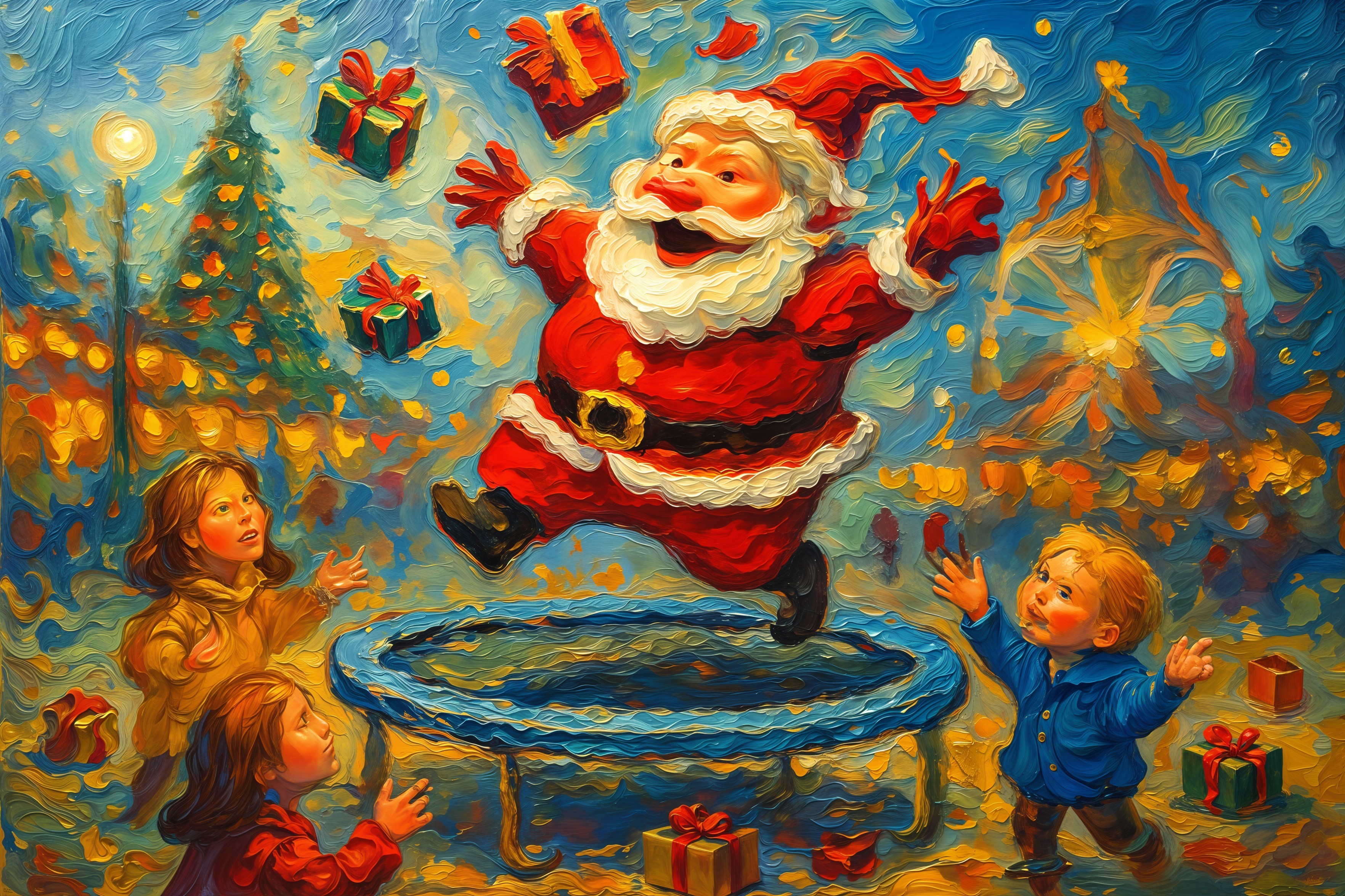 Santa Claus on a trampoline with children and gifts