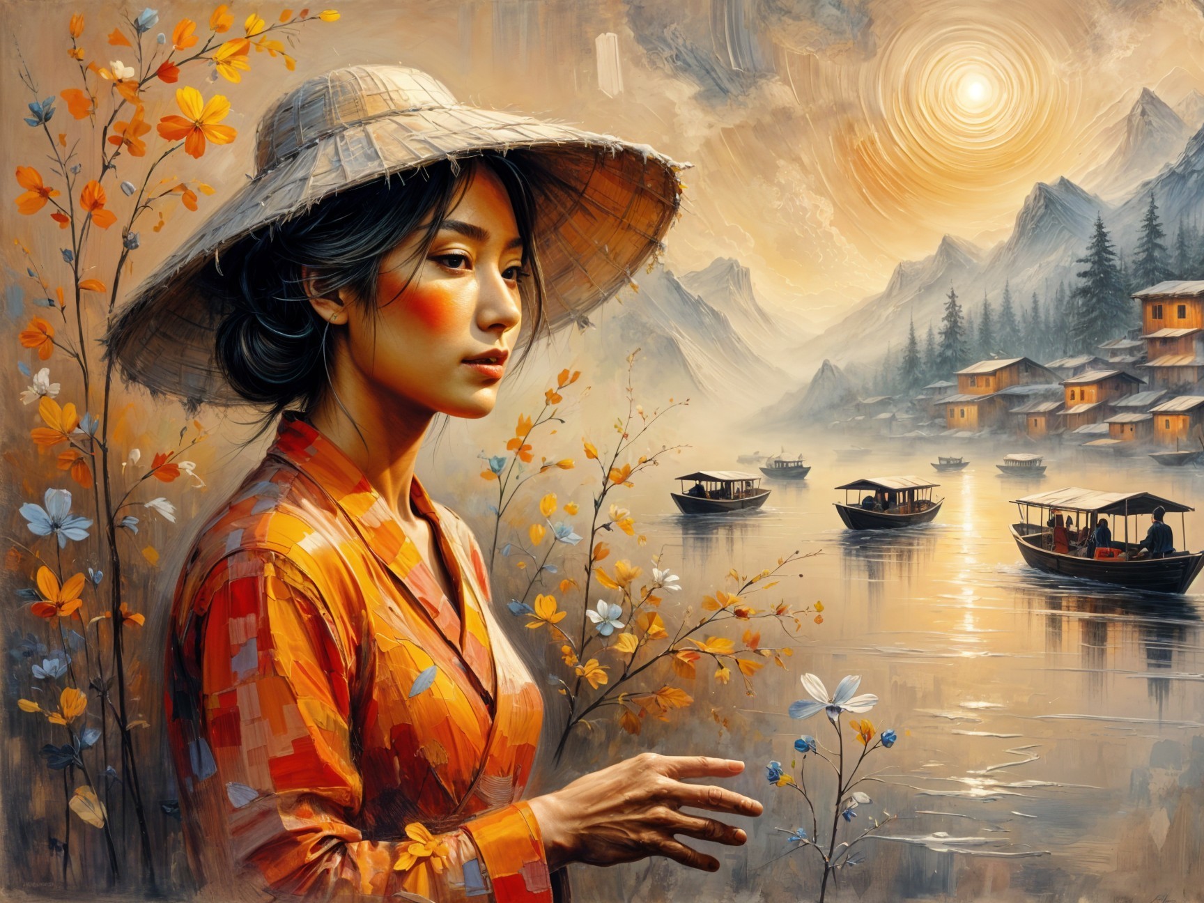 Woman in Traditional Outfit by Tranquil River at Sunset