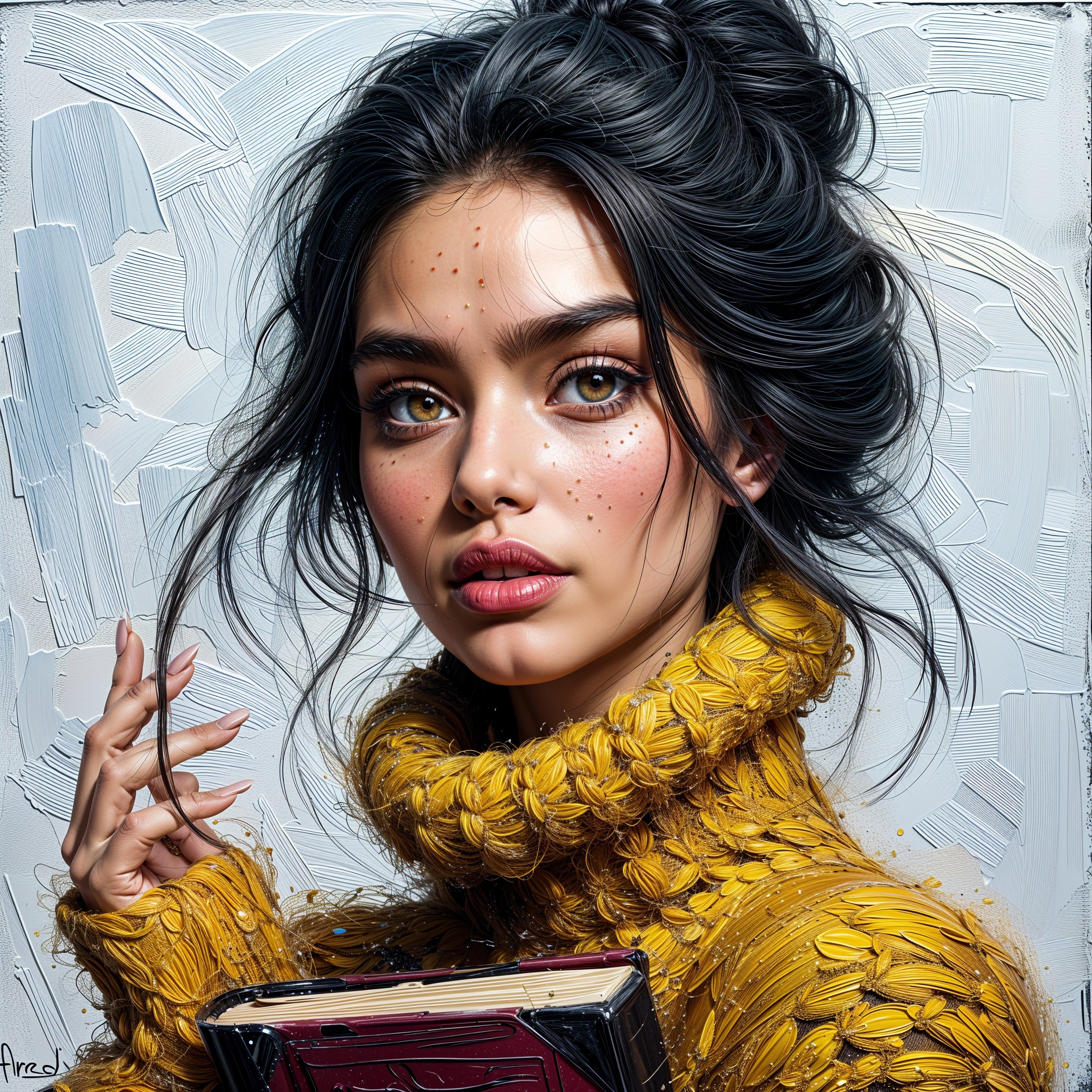 Young woman in yellow sweater with book and freckles
