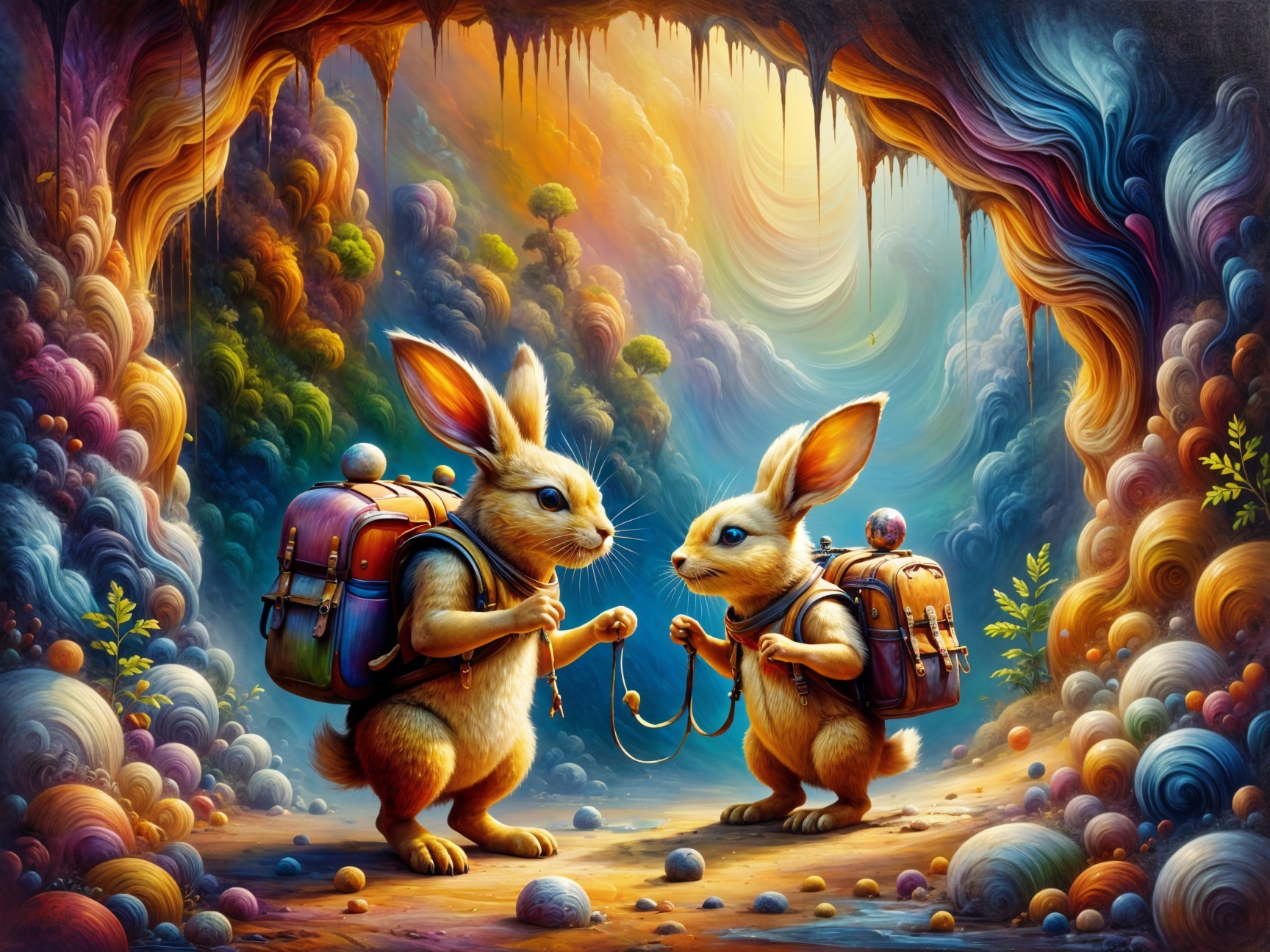 Surreal Cave Adventure with Colorful Rabbits