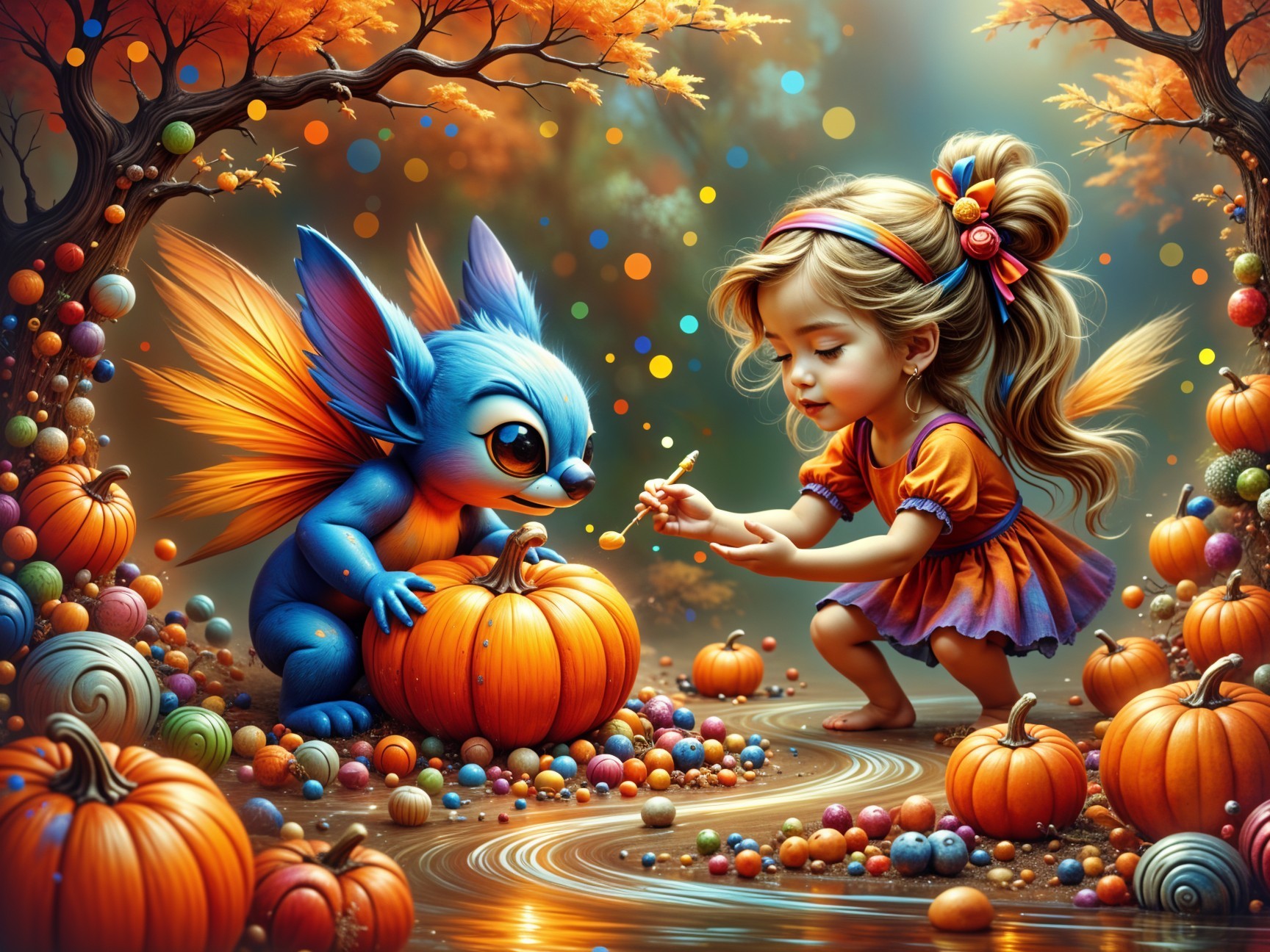 Whimsical Autumn Scene with Girl and Colorful Creature