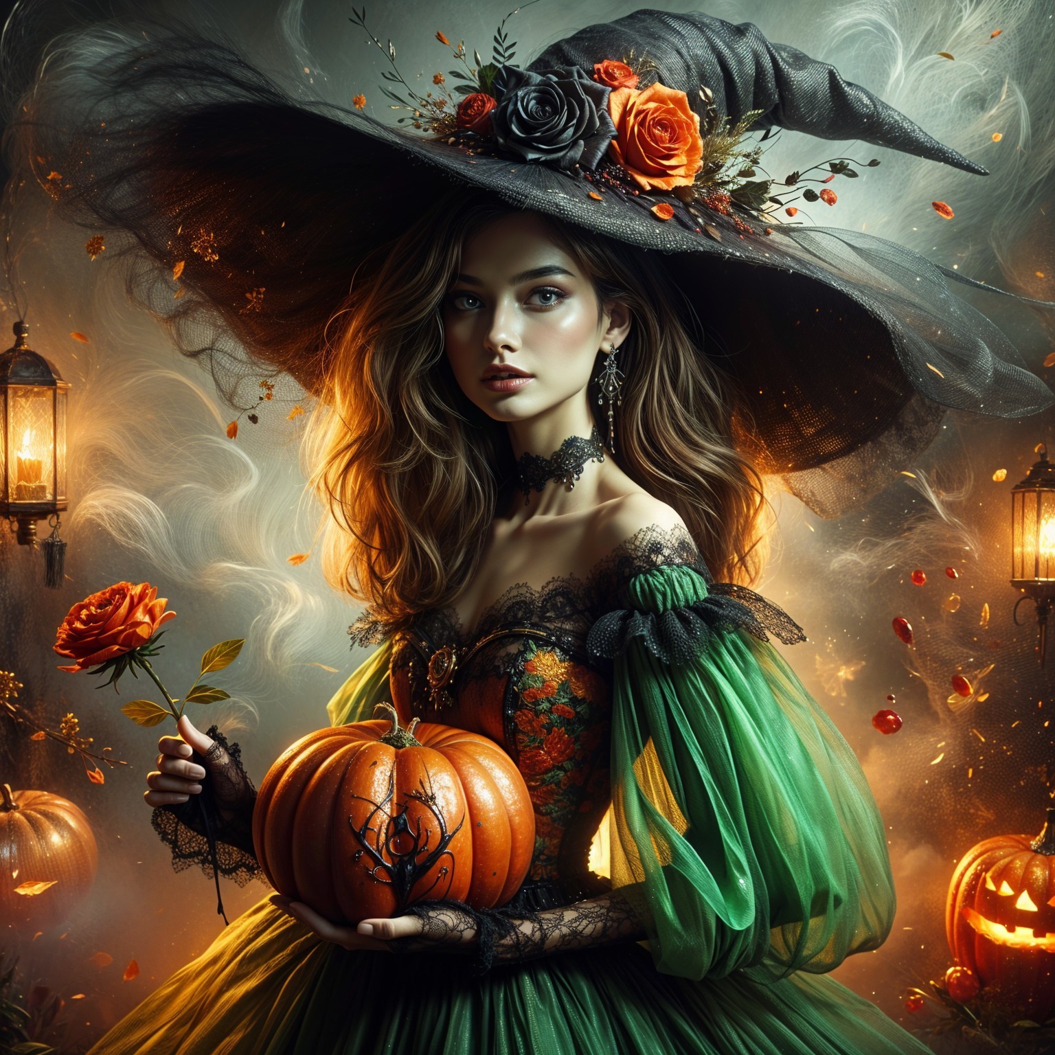 Mystical witch in colorful dress with pumpkin and mist