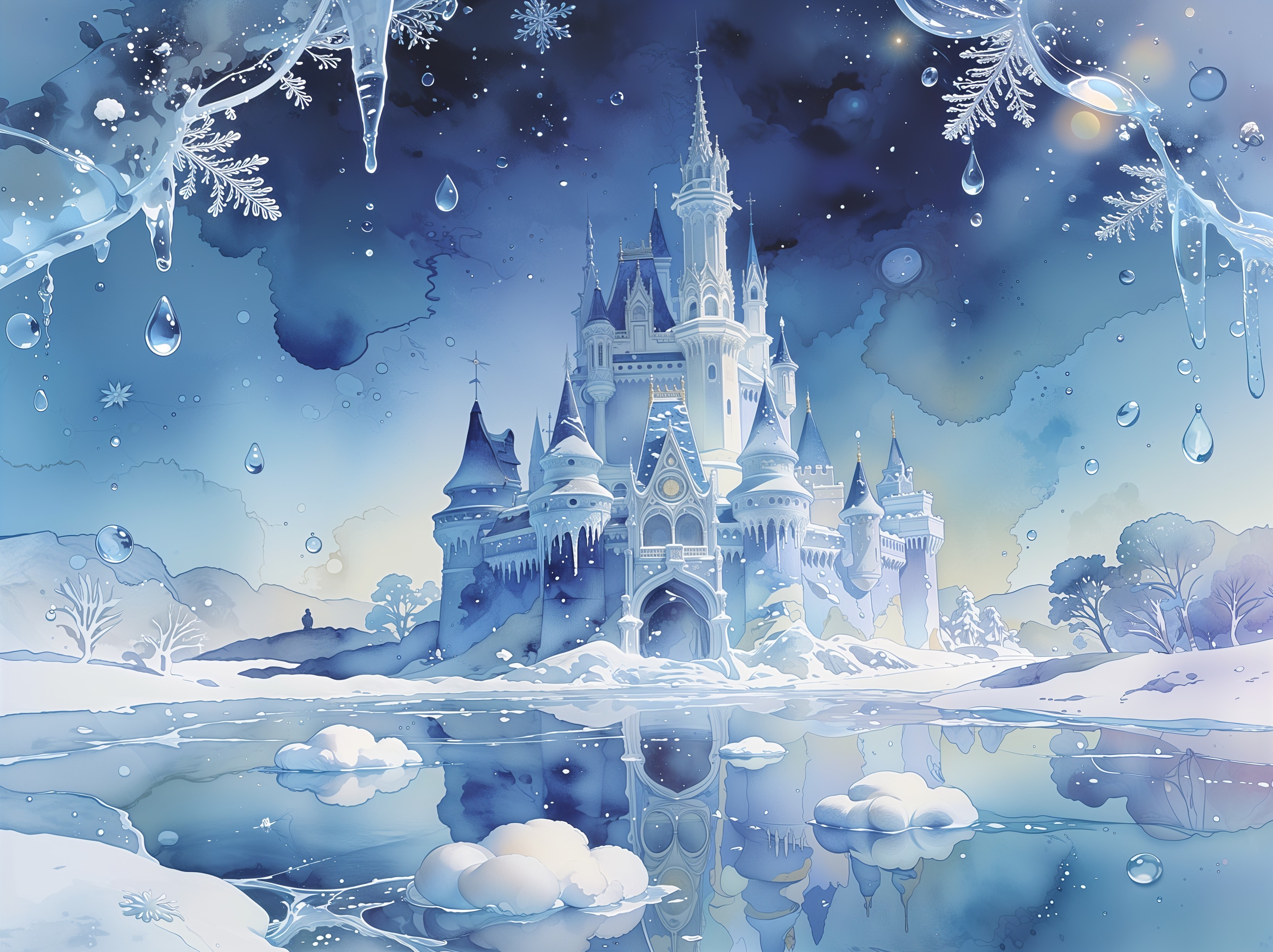 Watercolor of Frozen Fairytale Castle in Winter Scene