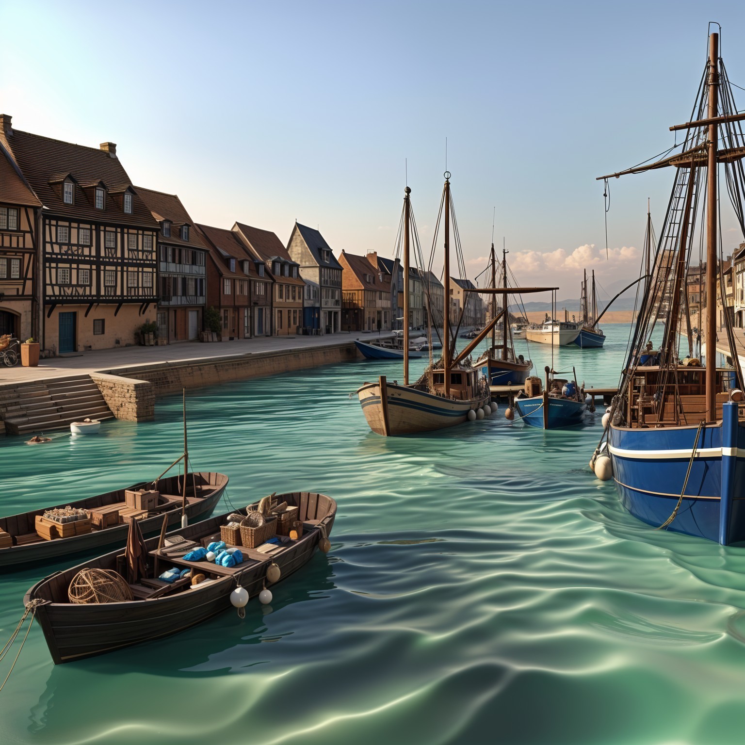 Tranquil Waterfront with Historic Buildings and Boats