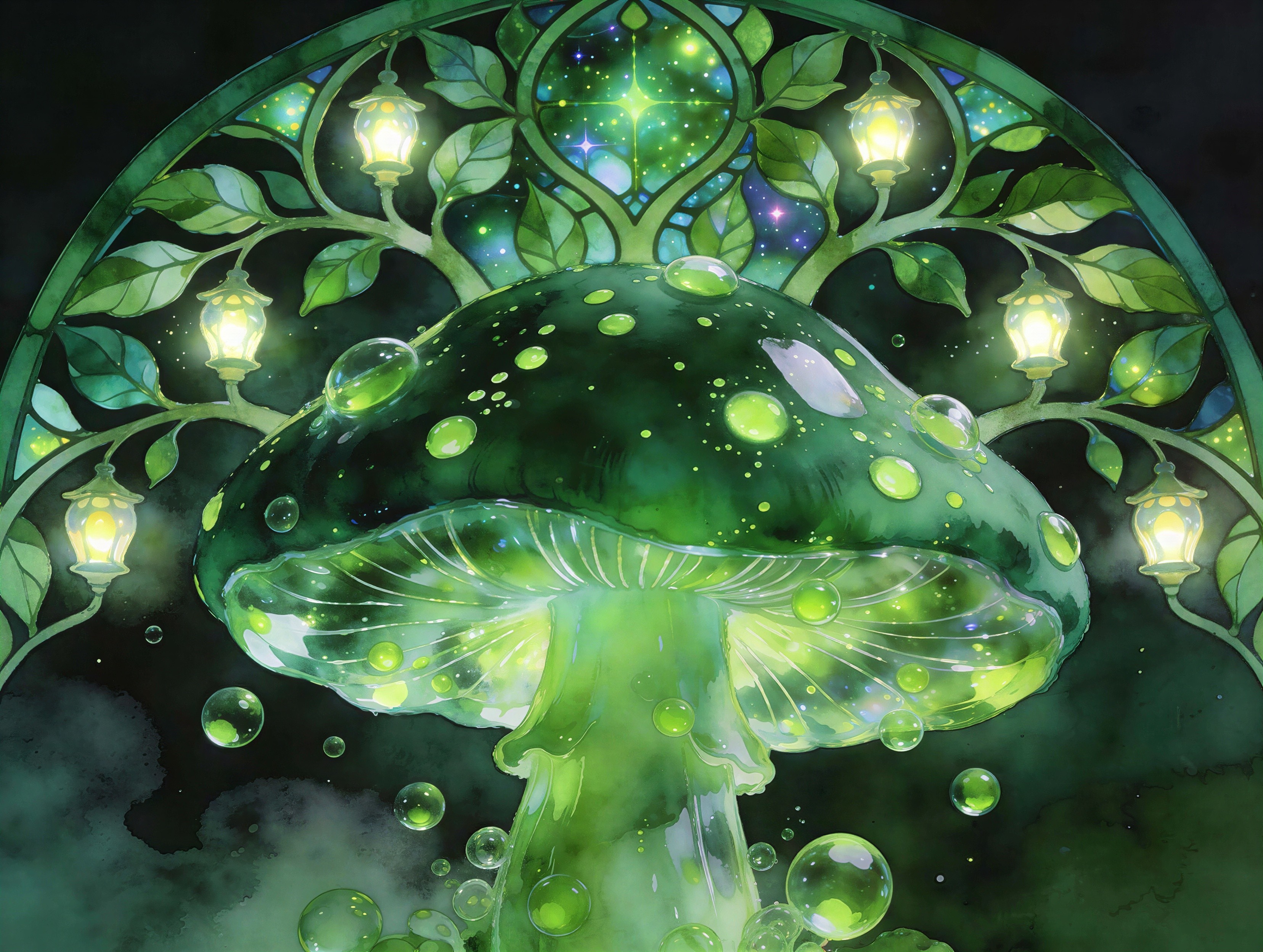 Fantasy Watercolor Illustration of a Glowing Mushroom