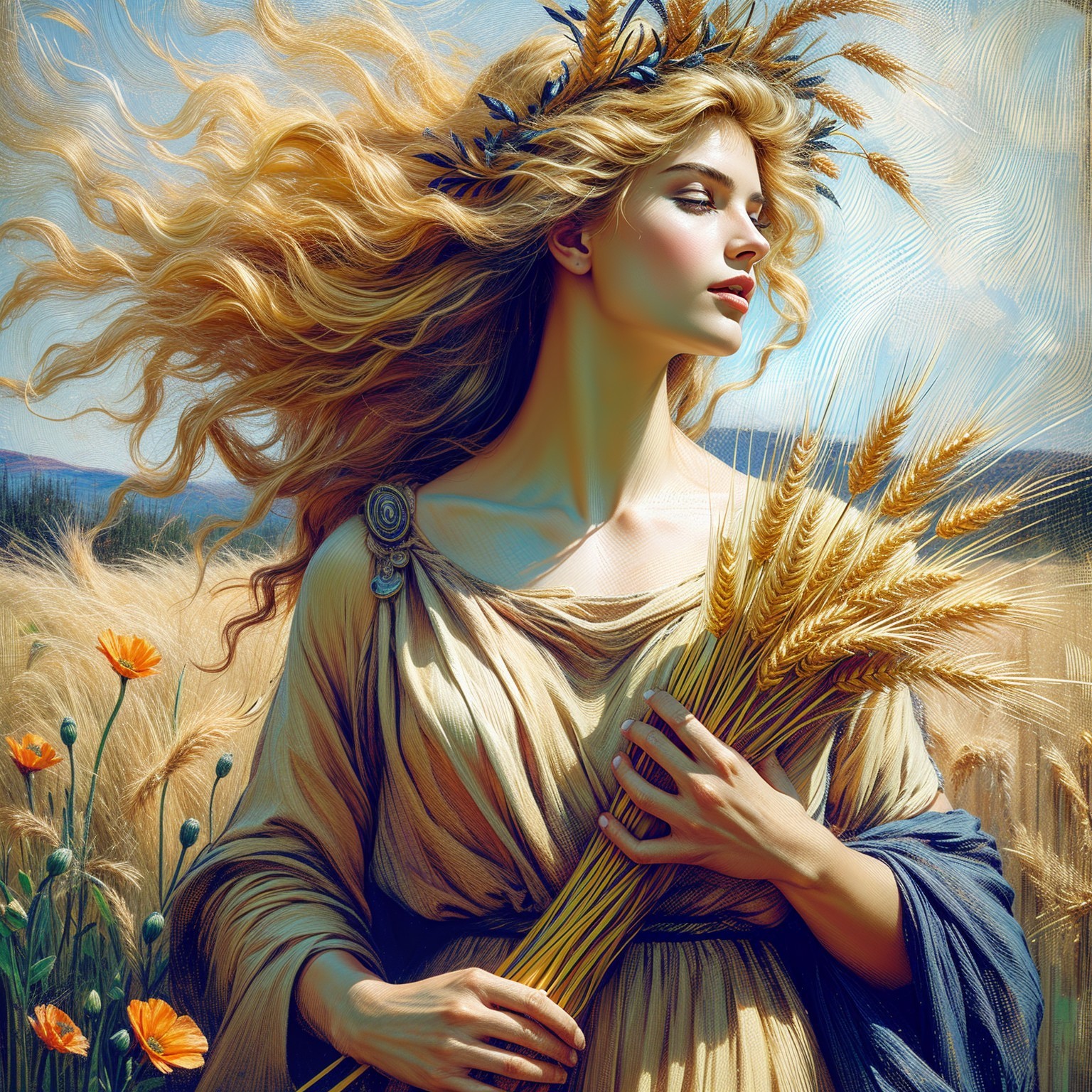 Serene Woman in Golden Wheat Field with Wildflowers