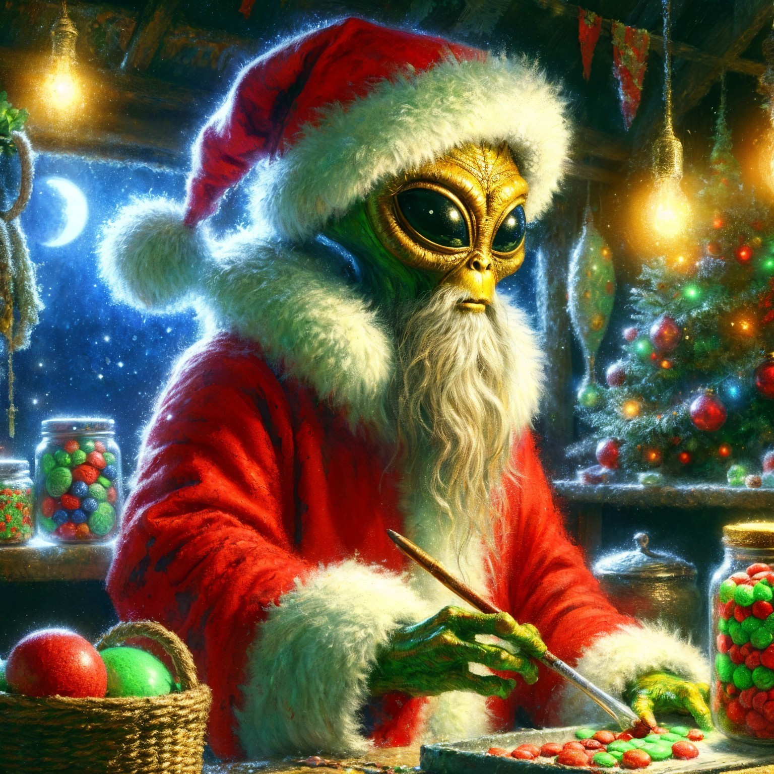 Alien in Santa Costume Crafts Festive Cookies in Workshop