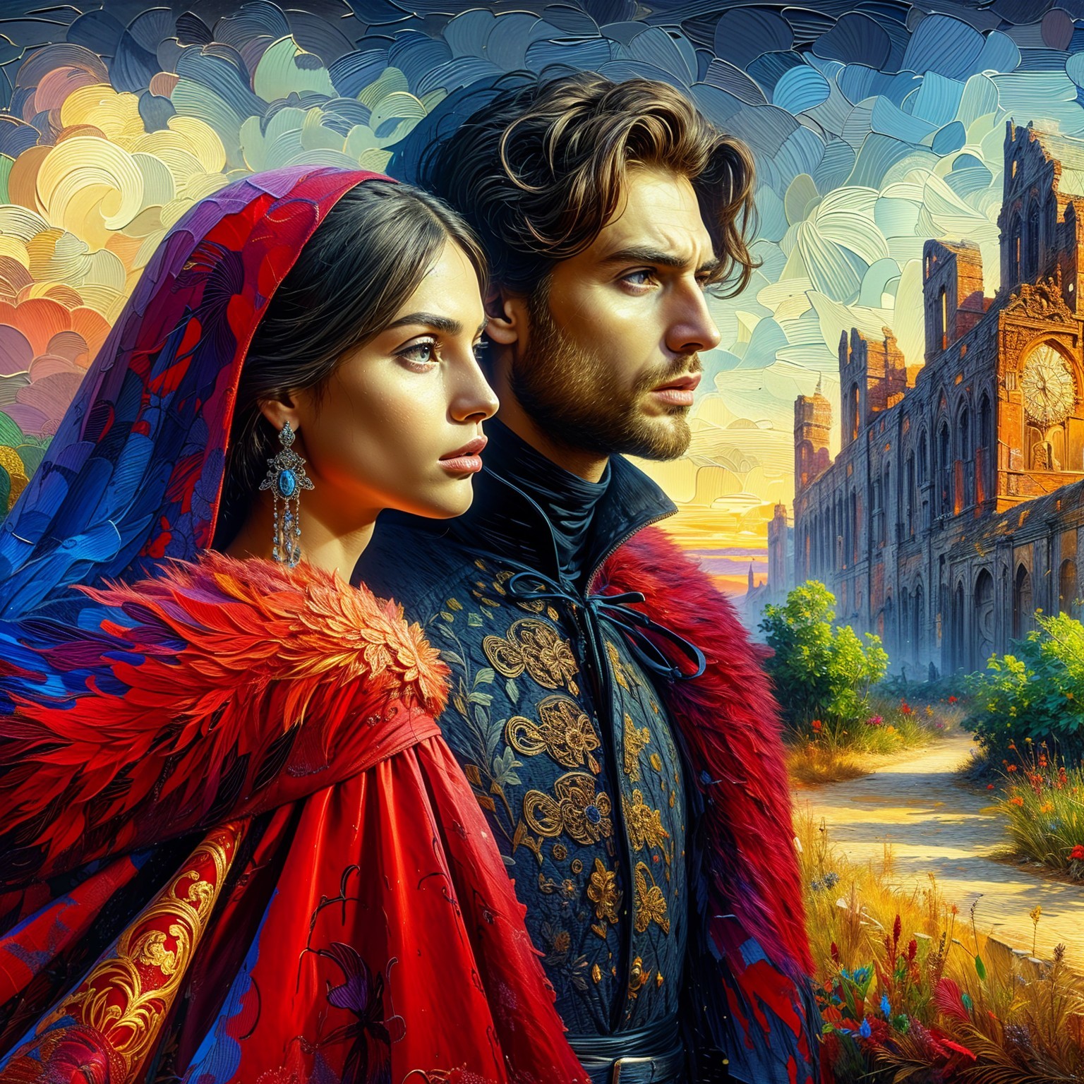 Serious Couple in Front of Ancient Castle at Sunset