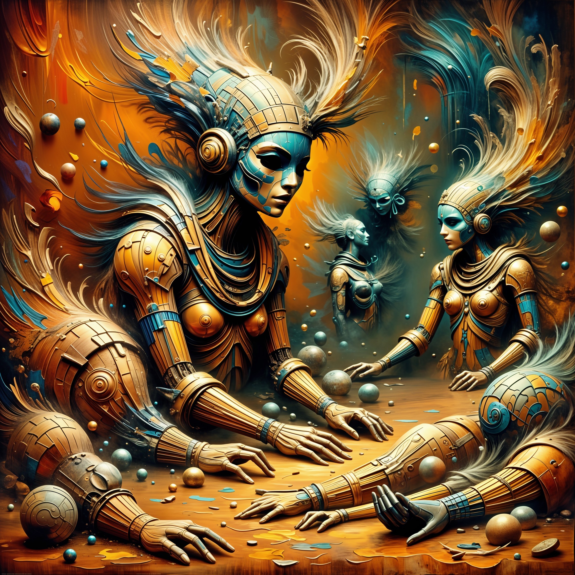 Surreal Landscape with Robotic Figures and Ethereal Wisps