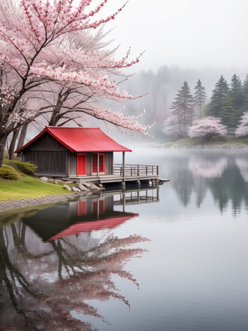 Traditional Wooden House by Tranquil Lake and Blossoms